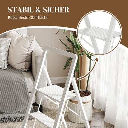 Step Ladder Stepladder with 3 Steps Anti-Slip Folding Step Stool with Handle up to 150 kg Capacity Lightweight Aluminum Ladder 66.3 x 41.5 x 104.6 cm White