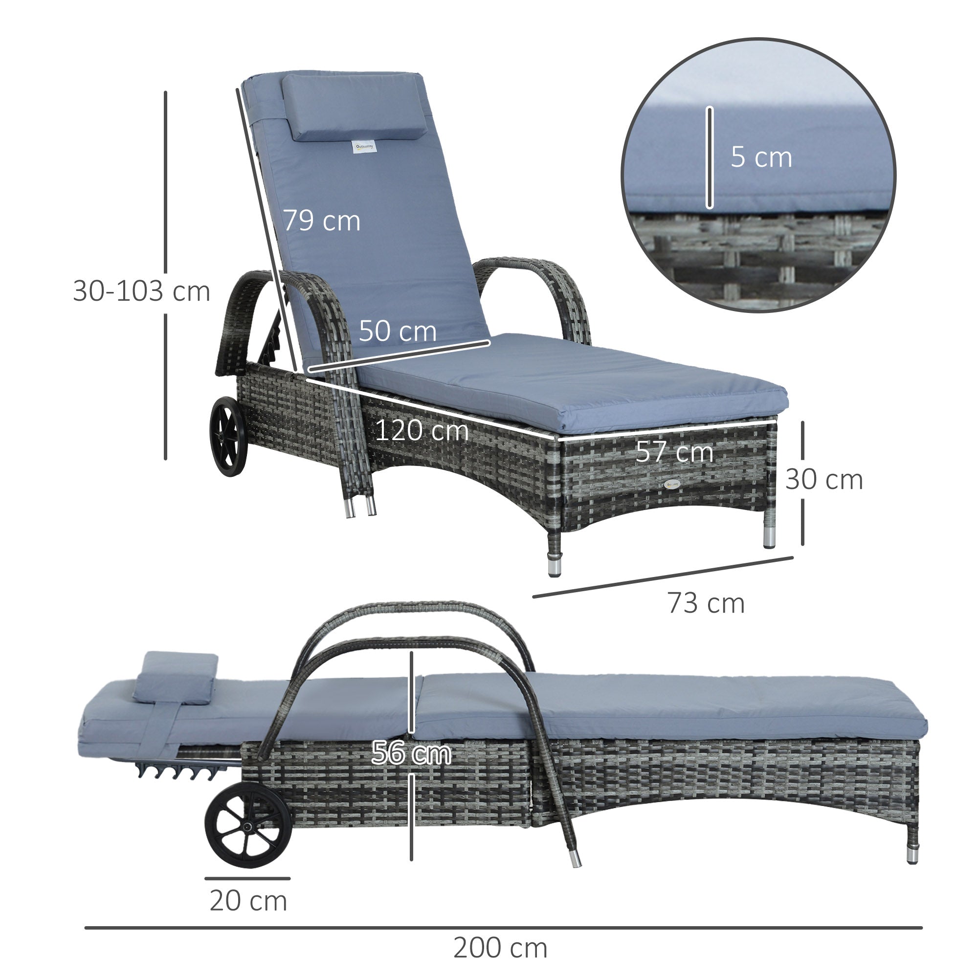 Rattan Sun Lounger with 5-Position Adjustable Backrest, Cushion, Wheels, Pillow, 160 kg Capacity Recliner Chair for Garden, 200x73x30-103cm, Gray
