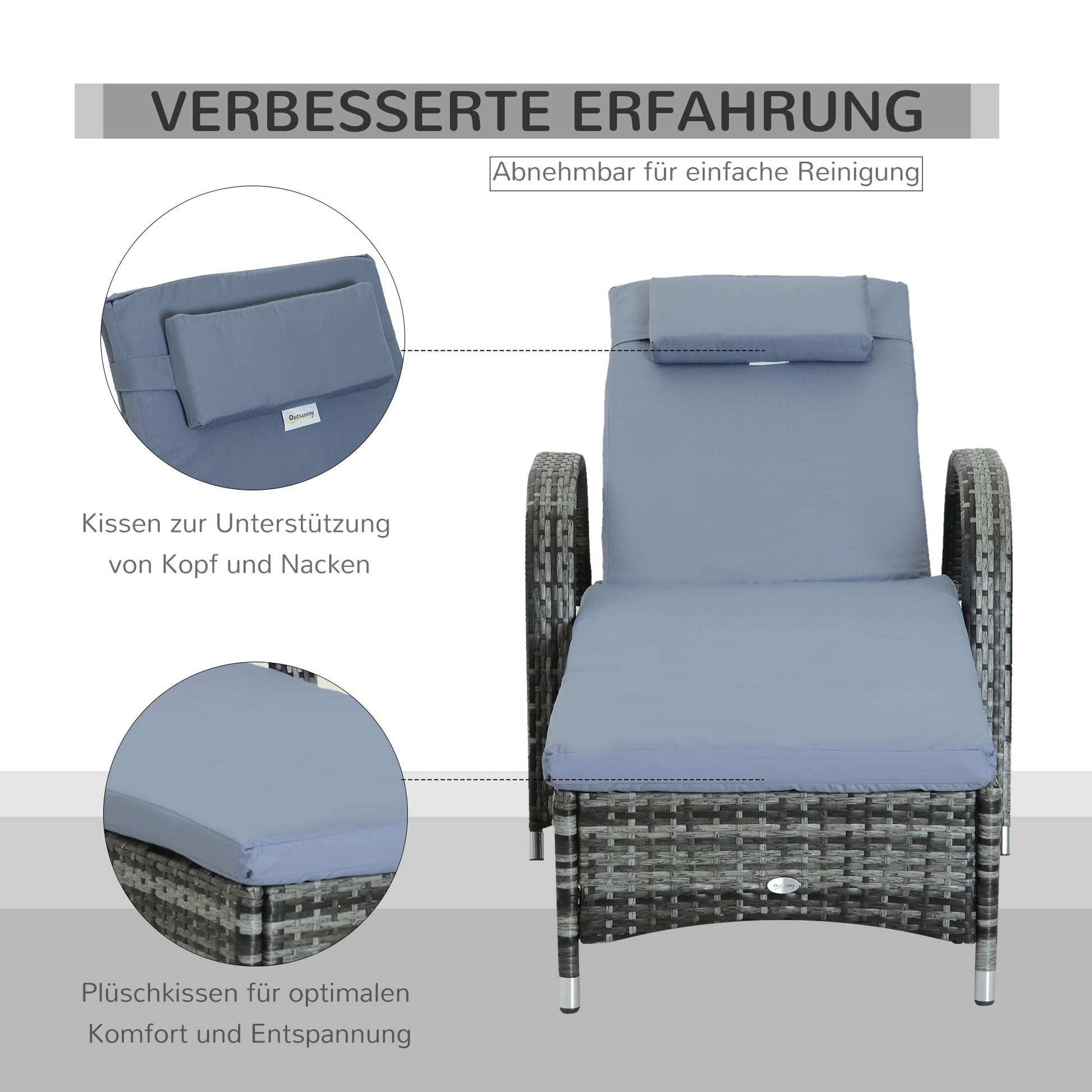 Rattan Sun Lounger with 5-Position Adjustable Backrest, Cushion, Wheels, Pillow, 160 kg Capacity Recliner Chair for Garden, 200x73x30-103cm, Gray