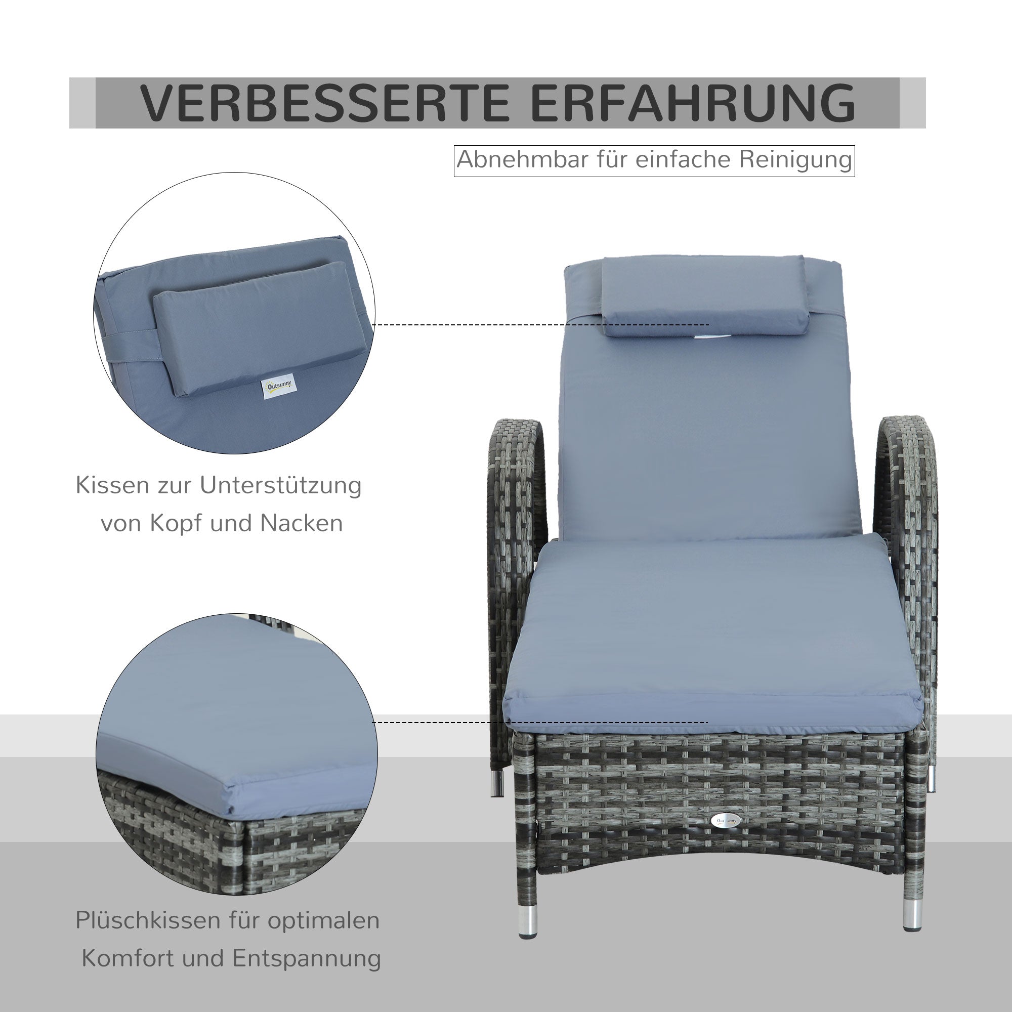 Rattan Sun Lounger with 5-Position Adjustable Backrest, Cushion, Wheels, Pillow, 160 kg Capacity Recliner Chair for Garden, 200x73x30-103cm, Gray