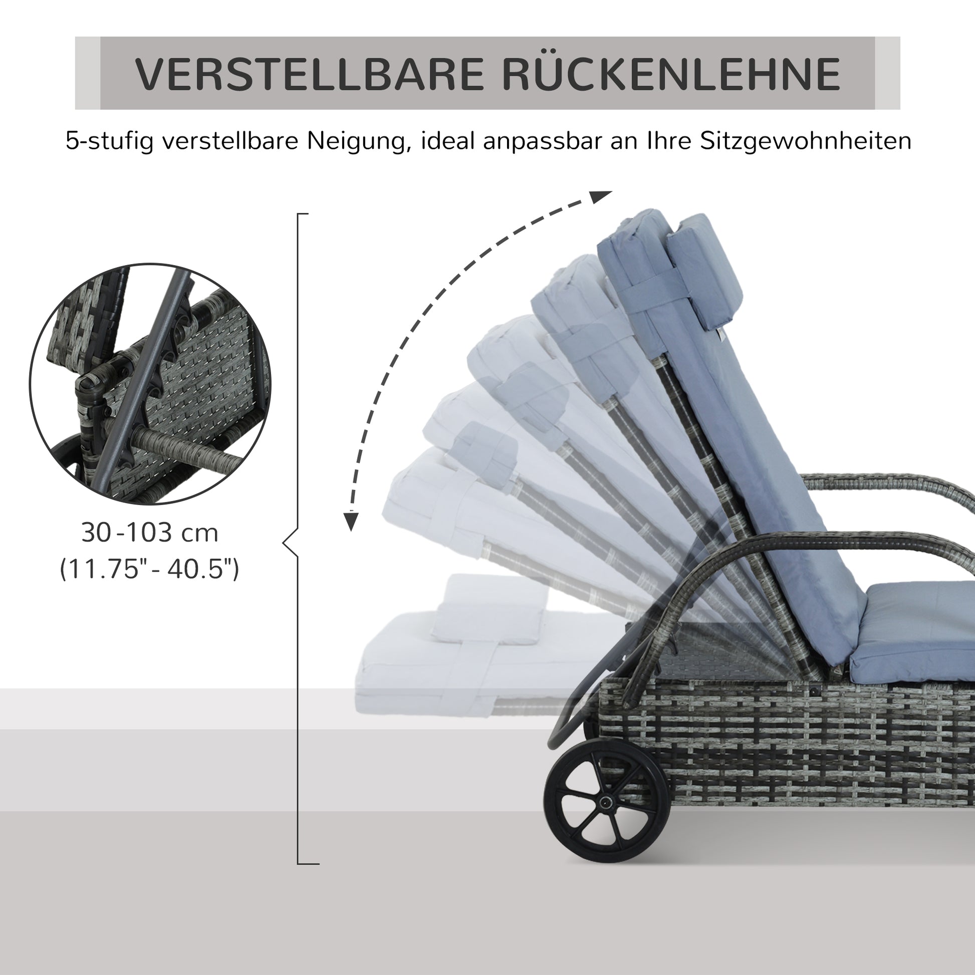 Rattan Sun Lounger with 5-Position Adjustable Backrest, Cushion, Wheels, Pillow, 160 kg Capacity Recliner Chair for Garden, 200x73x30-103cm, Gray
