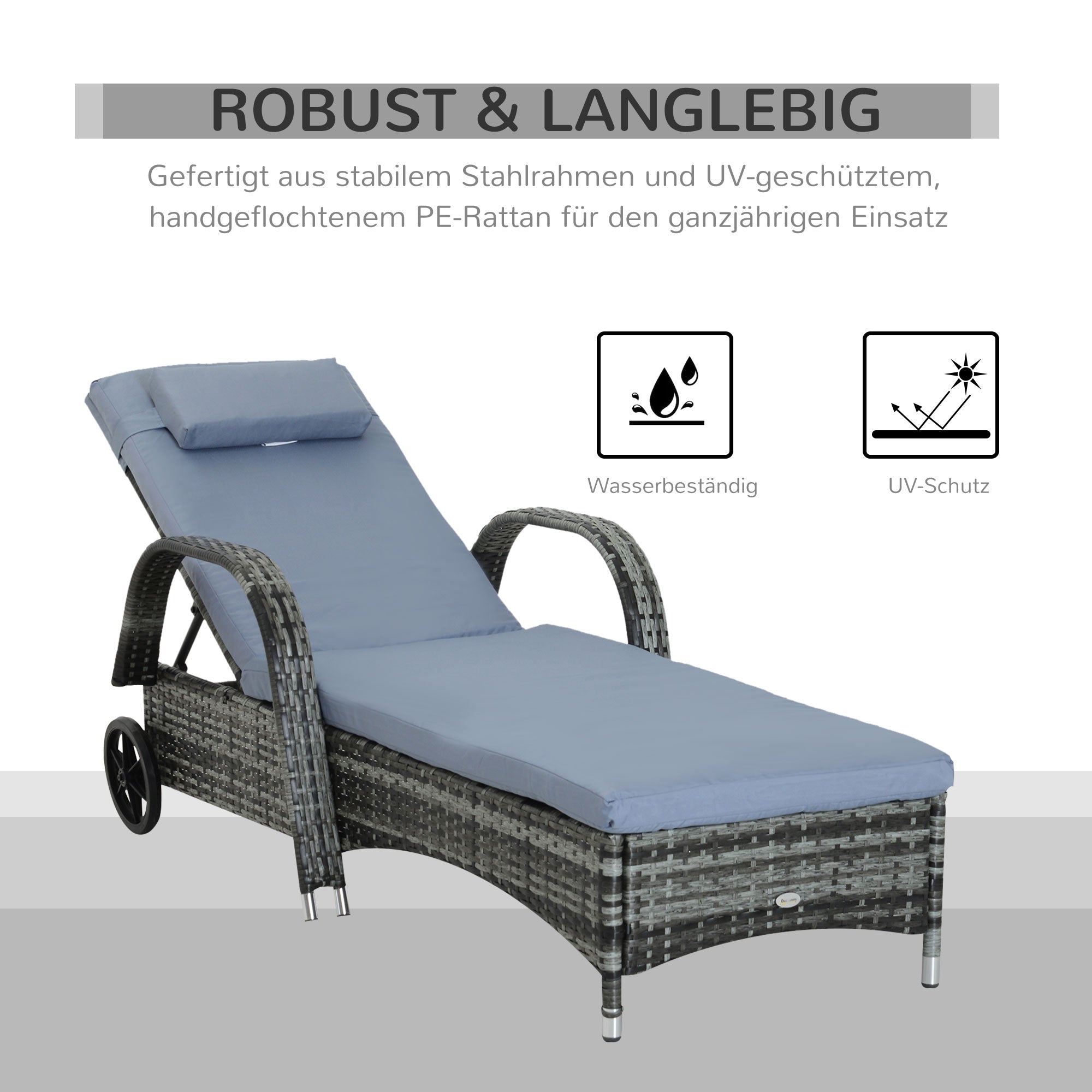 Rattan Sun Lounger with 5-Position Adjustable Backrest, Cushion, Wheels, Pillow, 160 kg Capacity Recliner Chair for Garden, 200x73x30-103cm, Gray