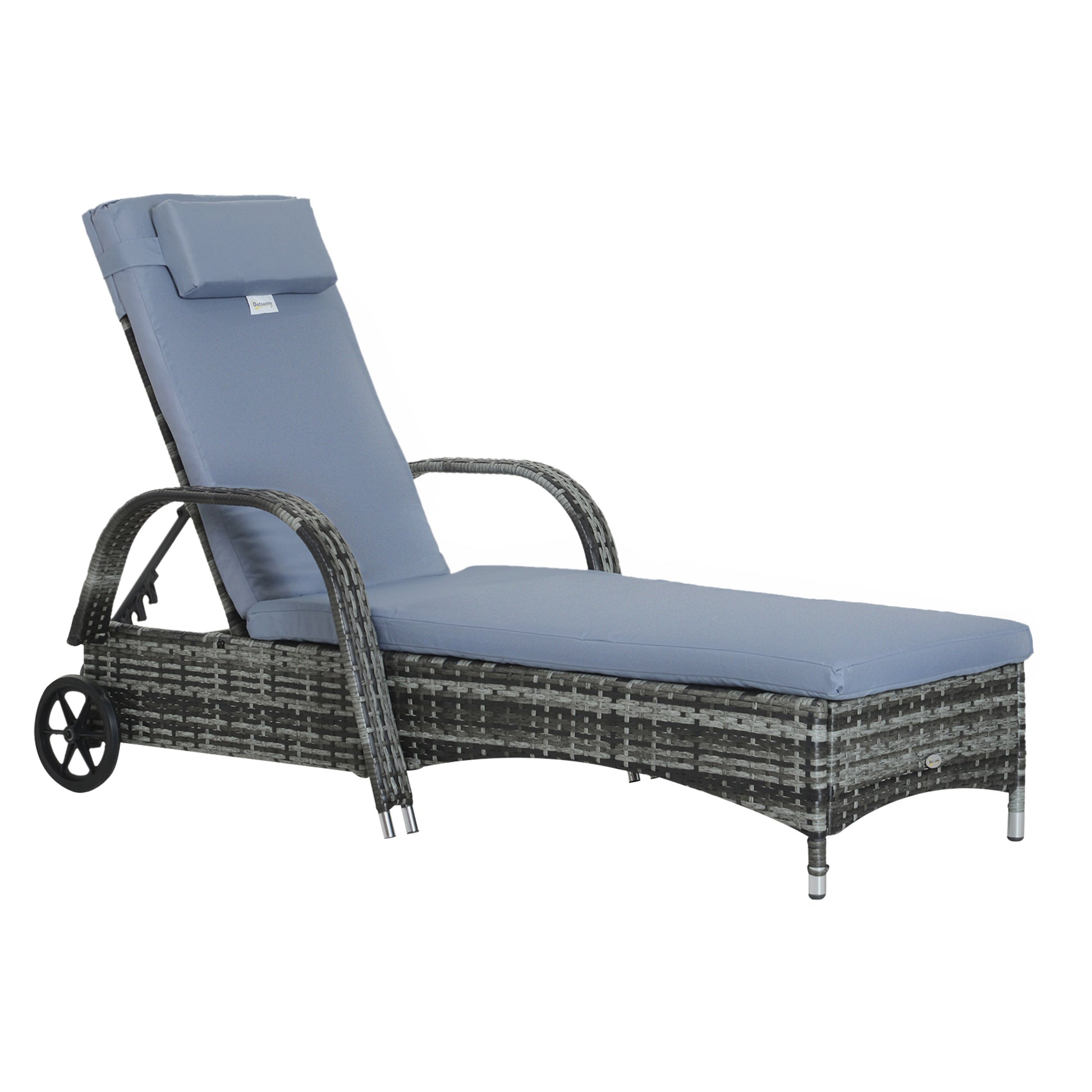 Rattan Sun Lounger with 5-Position Adjustable Backrest, Cushion, Wheels, Pillow, 160 kg Capacity Recliner Chair for Garden, 200x73x30-103cm, Gray