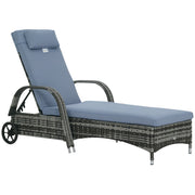 Rattan Sun Lounger with 5-Position Adjustable Backrest, Cushion, Wheels, Pillow, 160 kg Capacity Recliner Chair for Garden, 200x73x30-103cm, Gray