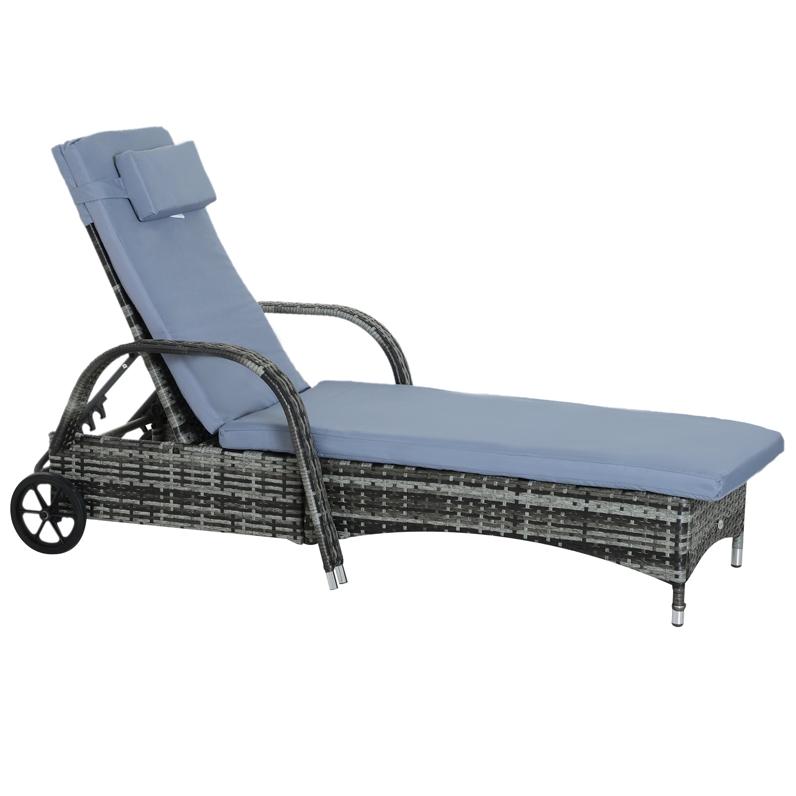 Rattan Sun Lounger with 5-Position Adjustable Backrest, Cushion, Wheels, Pillow, 160 kg Capacity Recliner Chair for Garden, 200x73x30-103cm, Gray