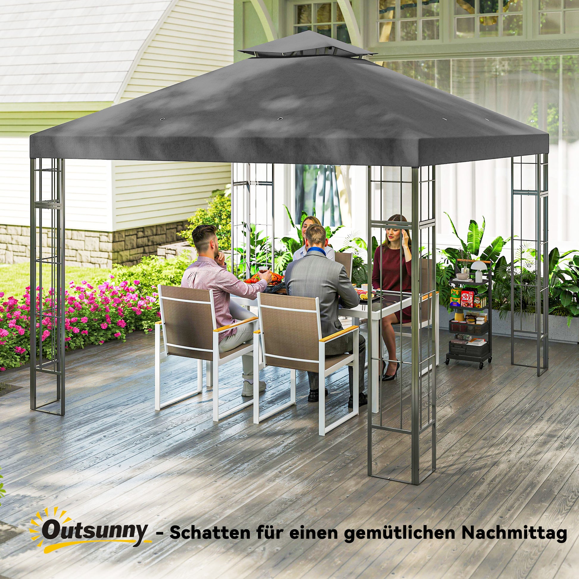 Pavilion with Double Roof, approx. 3x3m Water-Resistant Sturdy Winterproof Garden Pavilion with UV Protection Party Tent made of Metal, for Garden, Terrace, Dark Gray
