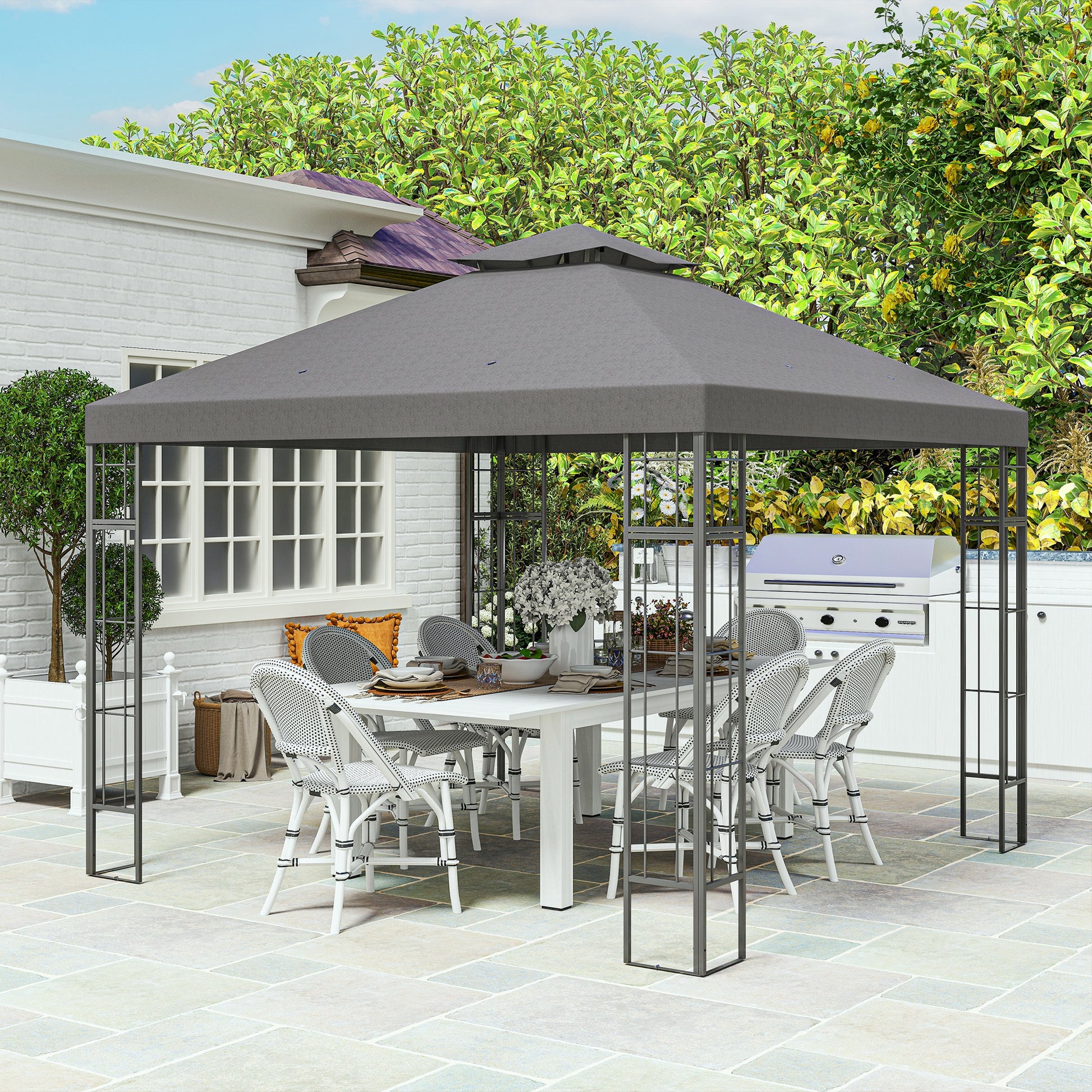 Pavilion with Double Roof, approx. 3x3m Water-Resistant Sturdy Winterproof Garden Pavilion with UV Protection Party Tent made of Metal, for Garden, Terrace, Dark Gray