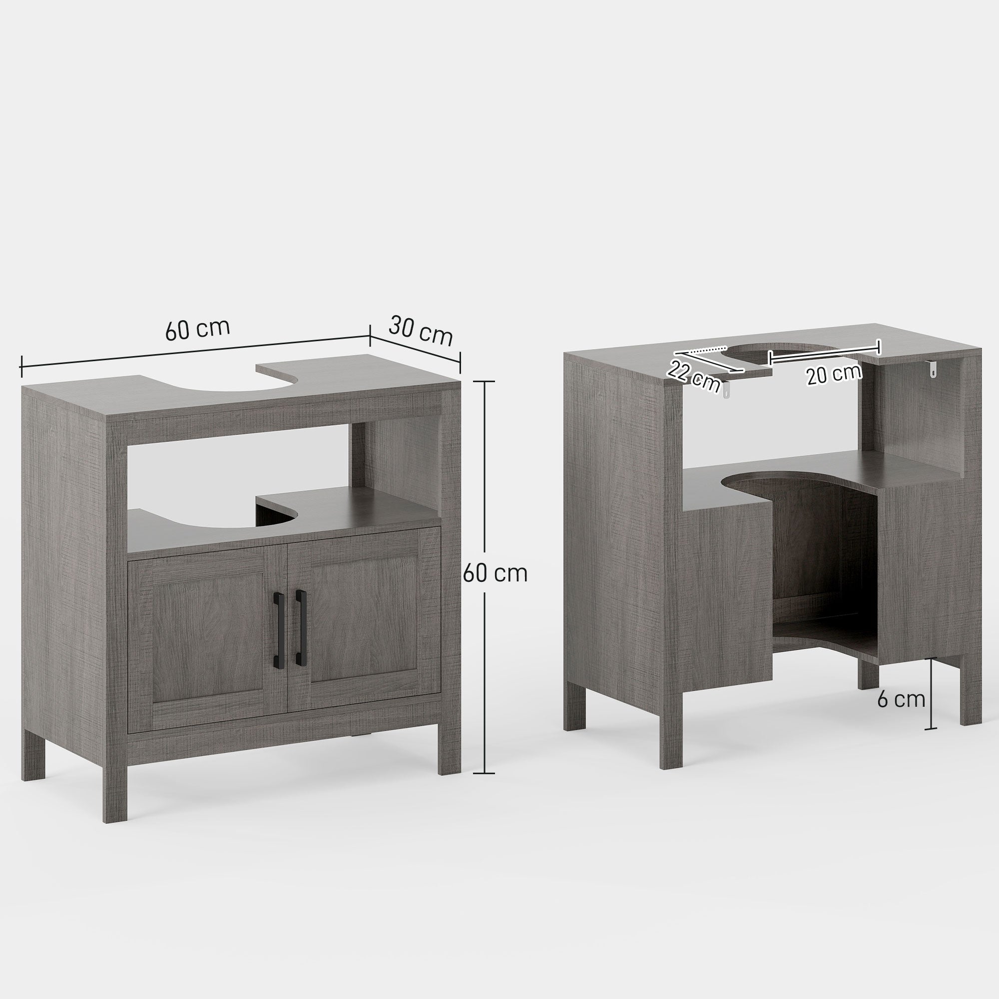 Under Sink Cabinet Wooden Floor Cabinet for Bathroom with 2 Doors and Open Shelf Modern Style 60x30x60 cm Grey