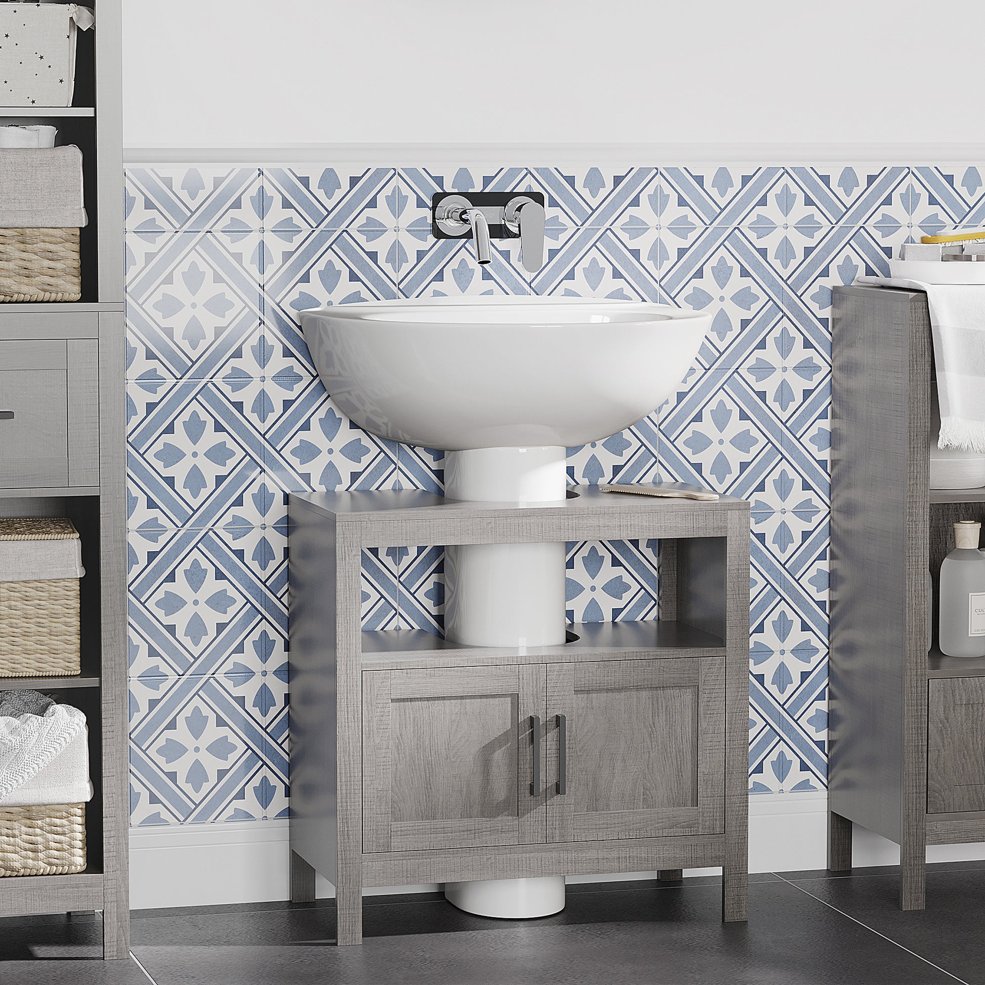 Under Sink Cabinet Wooden Floor Cabinet for Bathroom with 2 Doors and Open Shelf Modern Style 60x30x60 cm Grey