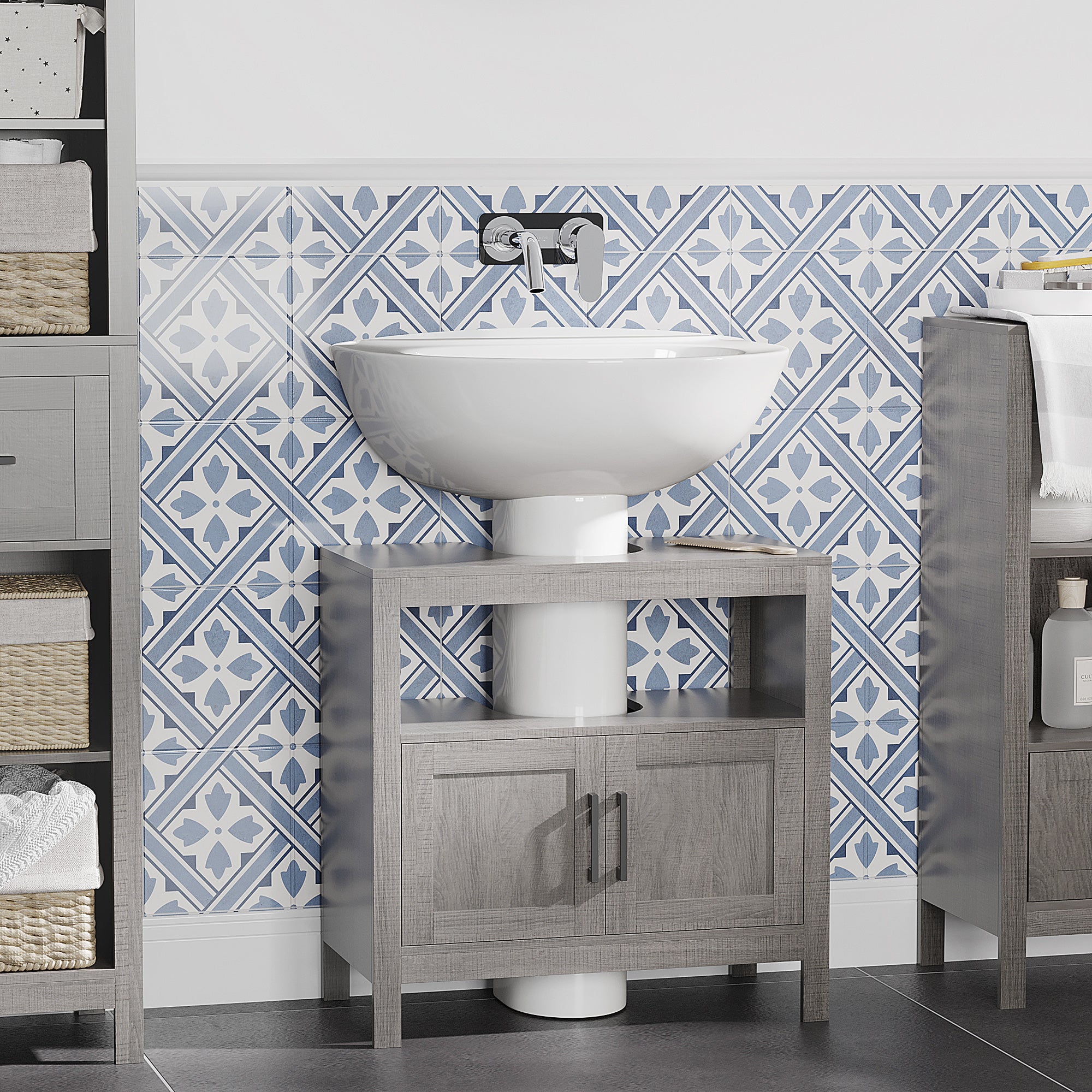 Under Sink Cabinet Wooden Floor Cabinet for Bathroom with 2 Doors and Open Shelf Modern Style 60x30x60 cm Grey