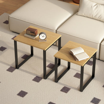 2-Piece Nesting Coffee Table Set with Metal Frame, Natural Wood Finish