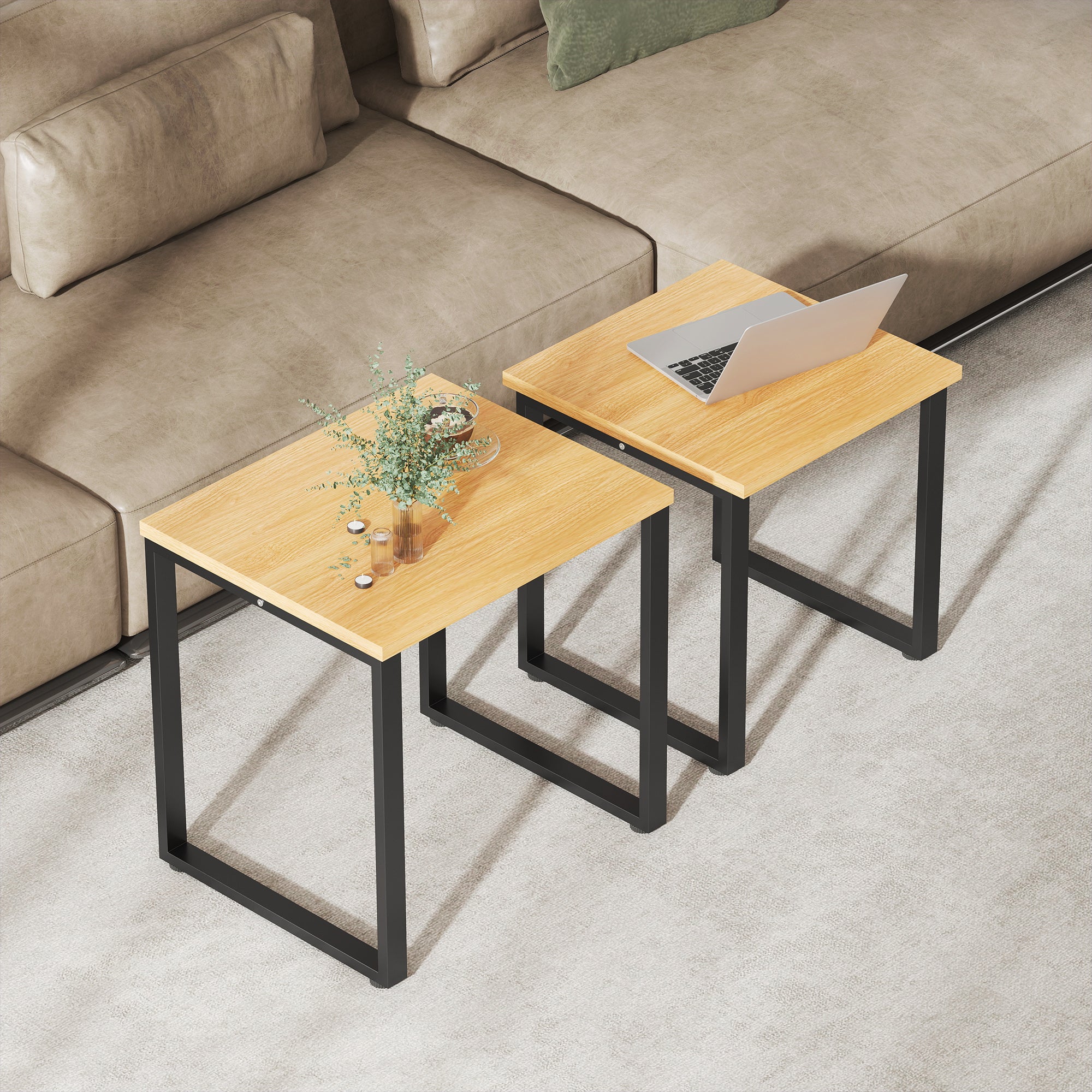 2-Piece Nesting Coffee Table Set with Metal Frame, Natural Wood Finish