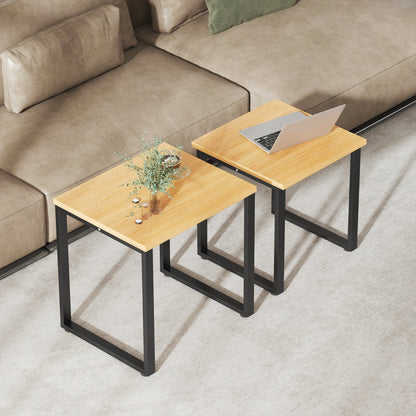 2-Piece Nesting Coffee Table Set with Metal Frame, Natural Wood Finish