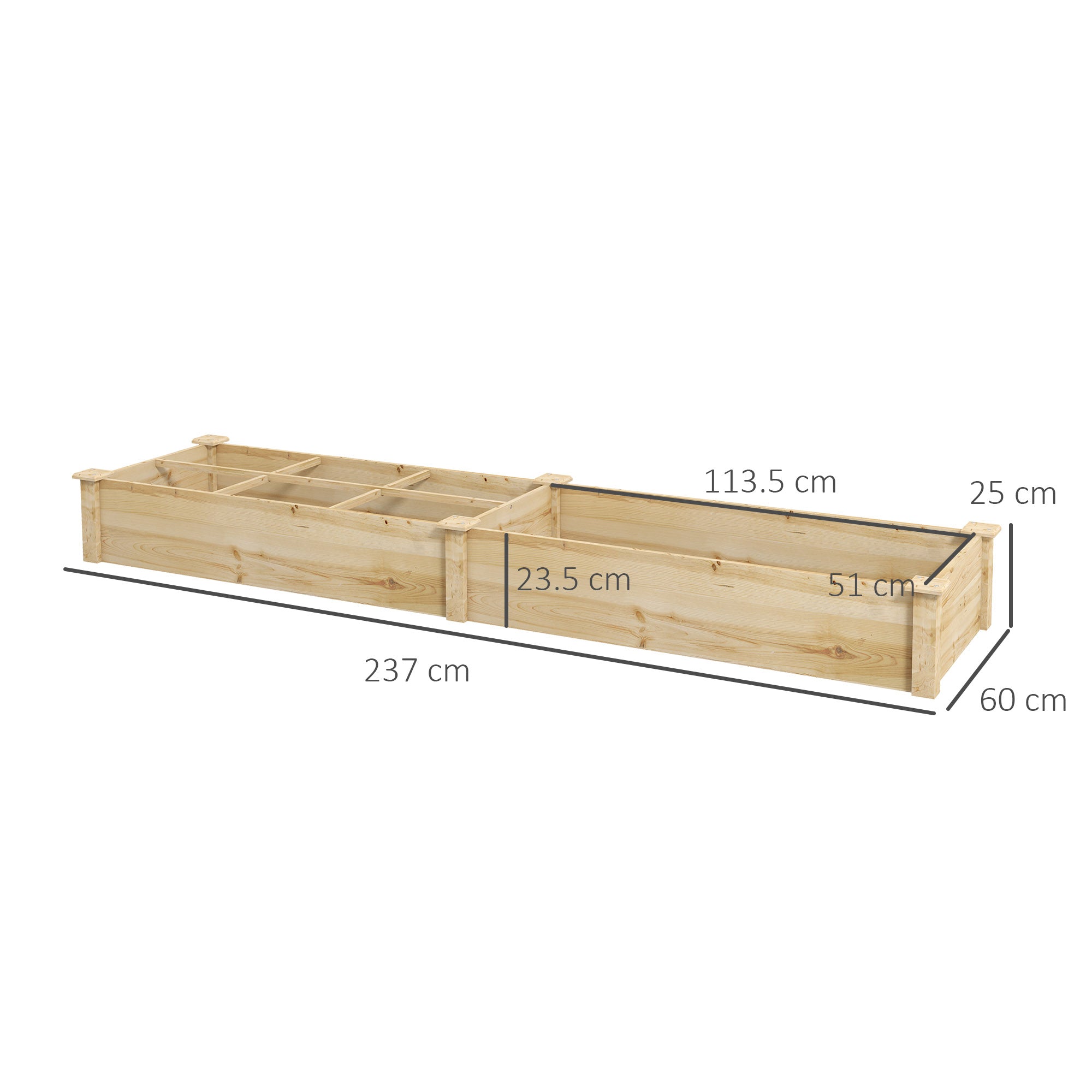 Wooden Raised Bed, Large Planter Box with 2 Compartments, Flower Box, Herb Bed, Vegetable Bed for Garden, Balcony, Natural, 237 x 60 x 25cm