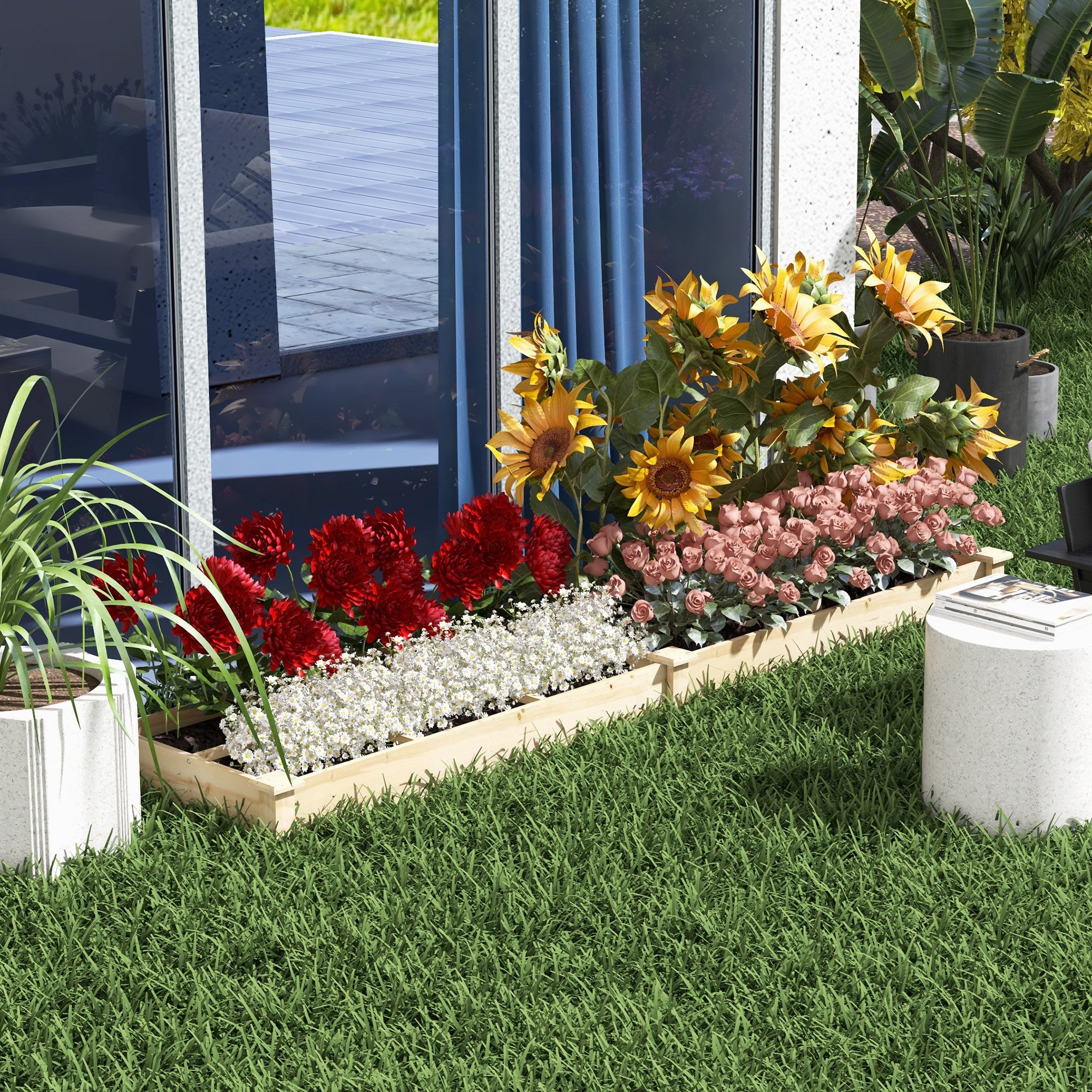 Wooden Raised Bed, Large Planter Box with 2 Compartments, Flower Box, Herb Bed, Vegetable Bed for Garden, Balcony, Natural, 237 x 60 x 25cm