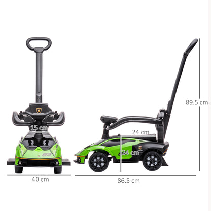 2-in-1 Lamborghini Essenza SCV12 Ride-On Car for Kids 12-36 Months Push Walker with Horn Removable Push Handle and Safety Barrier 86.5x40x89.5 cm Green and Black
