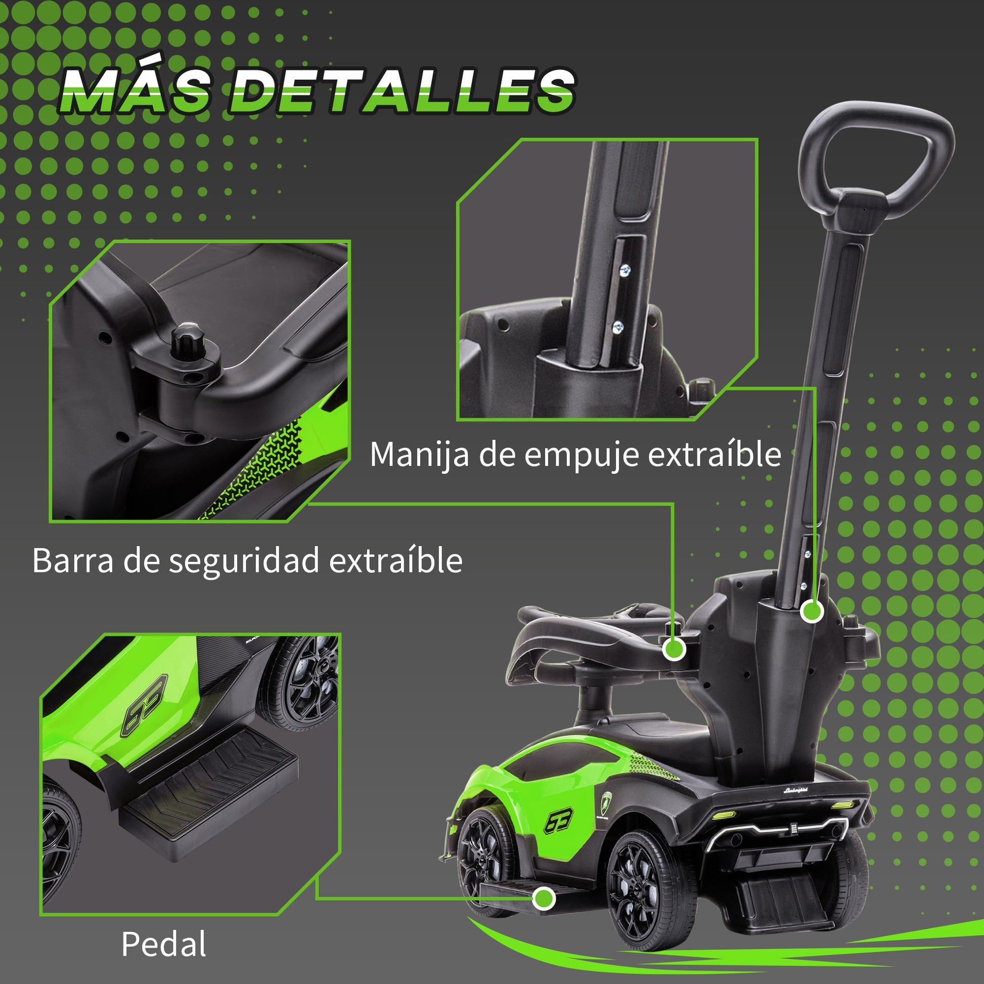 2-in-1 Lamborghini Essenza SCV12 Ride-On Car for Kids 12-36 Months Push Walker with Horn Removable Push Handle and Safety Barrier 86.5x40x89.5 cm Green and Black