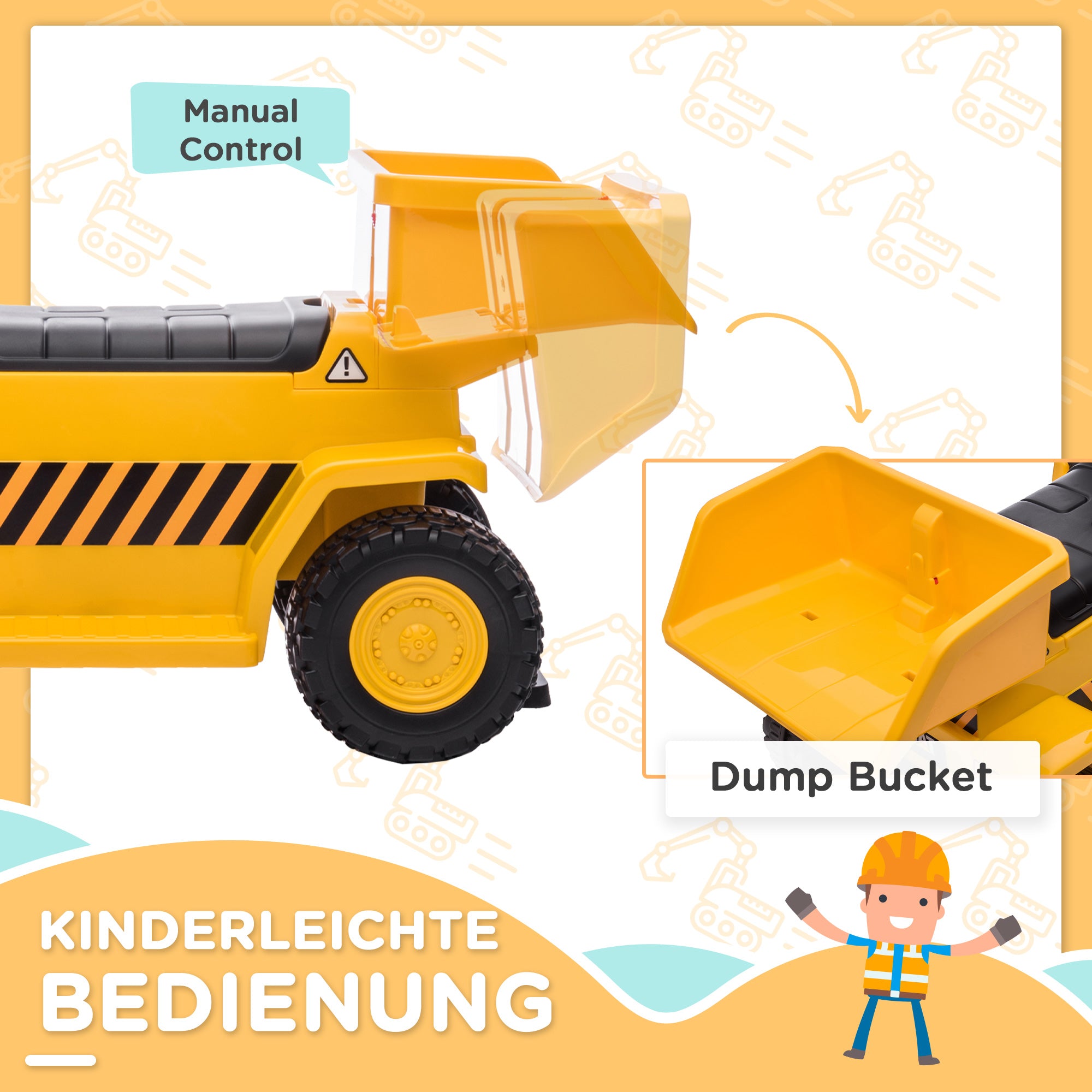 Electric Children's Tractor, Play Vehicle with Tipping Loading Area, Horn, Electric Car for Kids, Ride-On Tractor with Headlights, max. 3 km/h, for Children 1.5 to 3 Years Old, Metal, Yellow