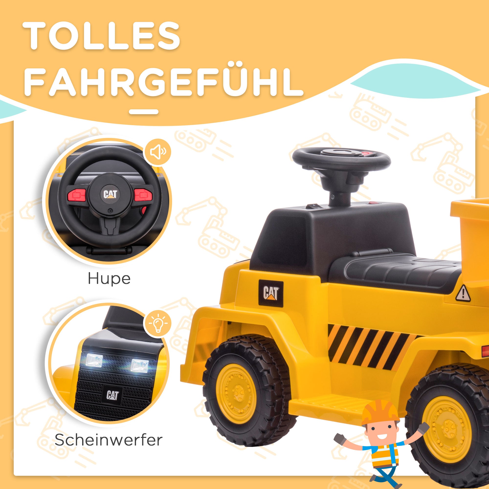 Electric Children's Tractor, Play Vehicle with Tipping Loading Area, Horn, Electric Car for Kids, Ride-On Tractor with Headlights, max. 3 km/h, for Children 1.5 to 3 Years Old, Metal, Yellow