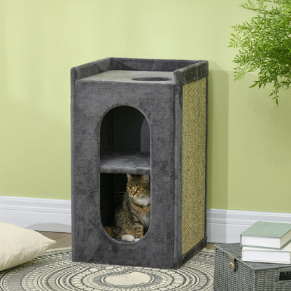 Scratching Post, Height 81 cm, Cat Scratching Tree with 2 Caves, Scratching Tower with Scratching Board, Cat Tower with 2 Levels, Cat Barrel for Cats up to 6 kg, Dark Gray