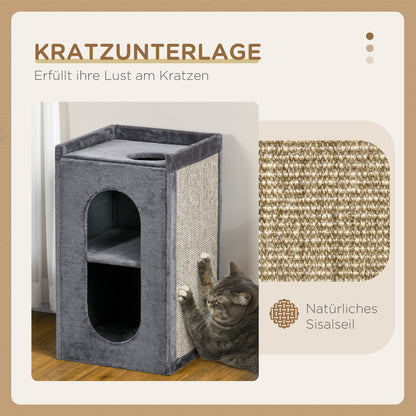 Scratching Post, Height 81 cm, Cat Scratching Tree with 2 Caves, Scratching Tower with Scratching Board, Cat Tower with 2 Levels, Cat Barrel for Cats up to 6 kg, Dark Gray