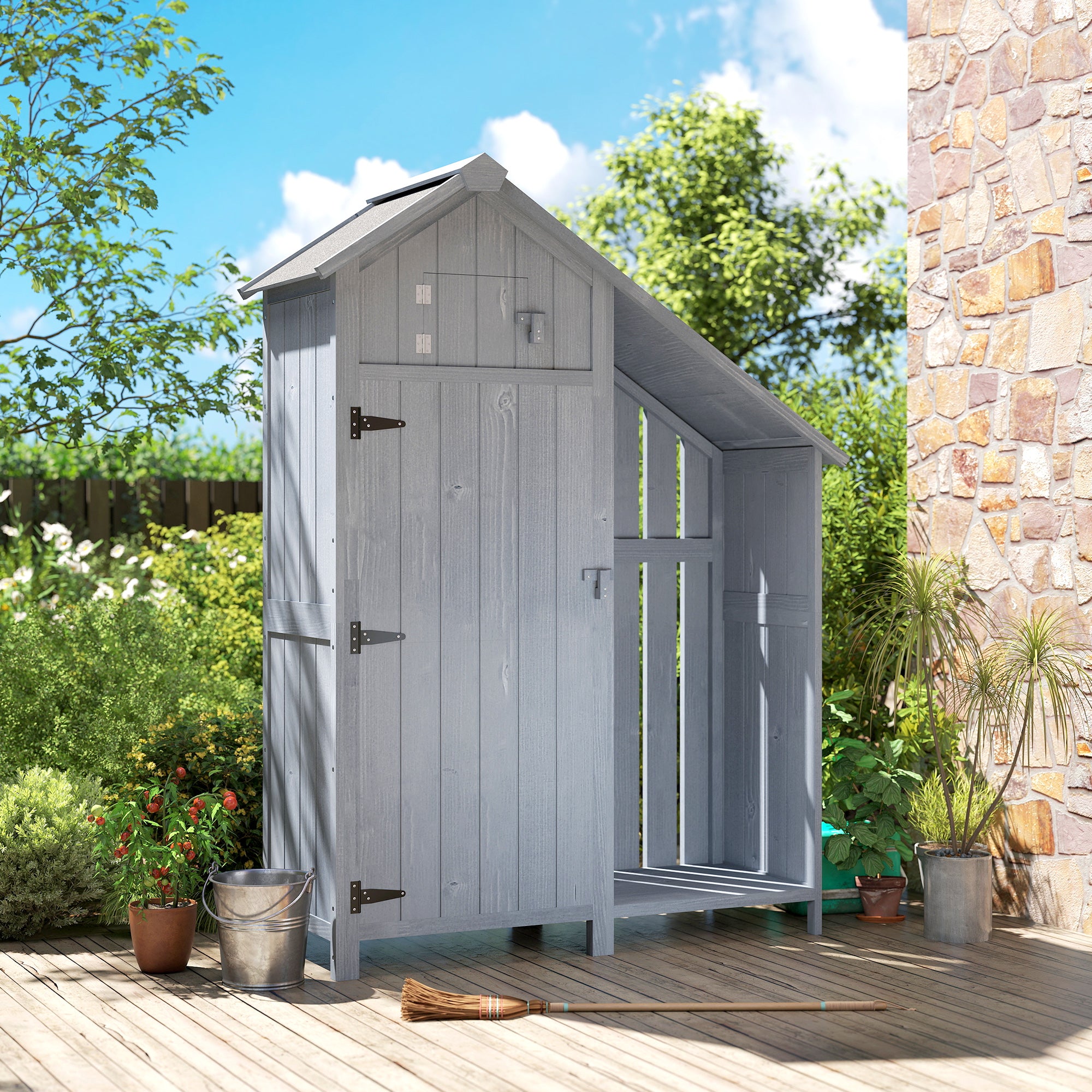 Weather-Resistant Spruce Wood Garden Storage Cabinet with Asphalt Roof and Shelves, Gray — 129 x 51.5 x 180 cm (50.8 x 20.3 x 70.9 in)