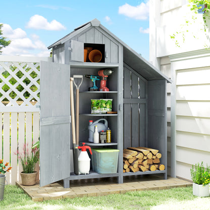 Weather-Resistant Spruce Wood Garden Storage Cabinet with Asphalt Roof and Shelves, Gray — 129 x 51.5 x 180 cm (50.8 x 20.3 x 70.9 in)