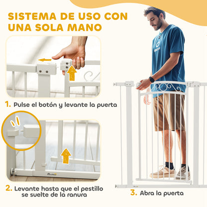 Dog Gate Pet Door 76-104 cm Safety Gate for Dogs with 2 Extensions 7/14 cm and Double Lock for Stairs and Doors White