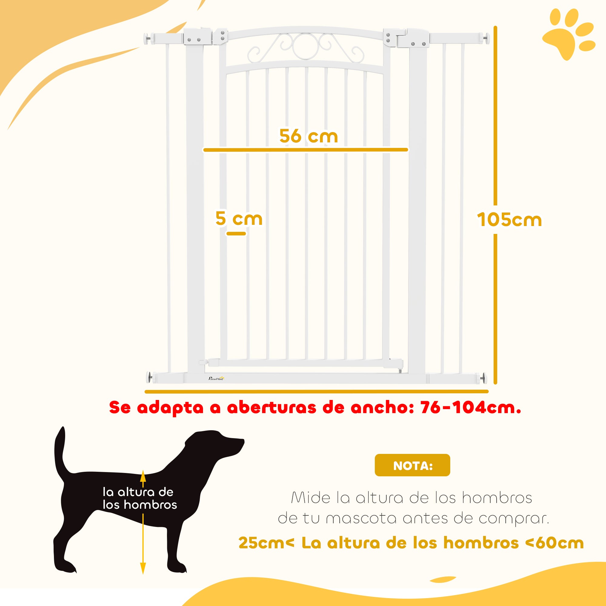 Dog Gate Pet Door 76-104 cm Safety Gate for Dogs with 2 Extensions 7/14 cm and Double Lock for Stairs and Doors White