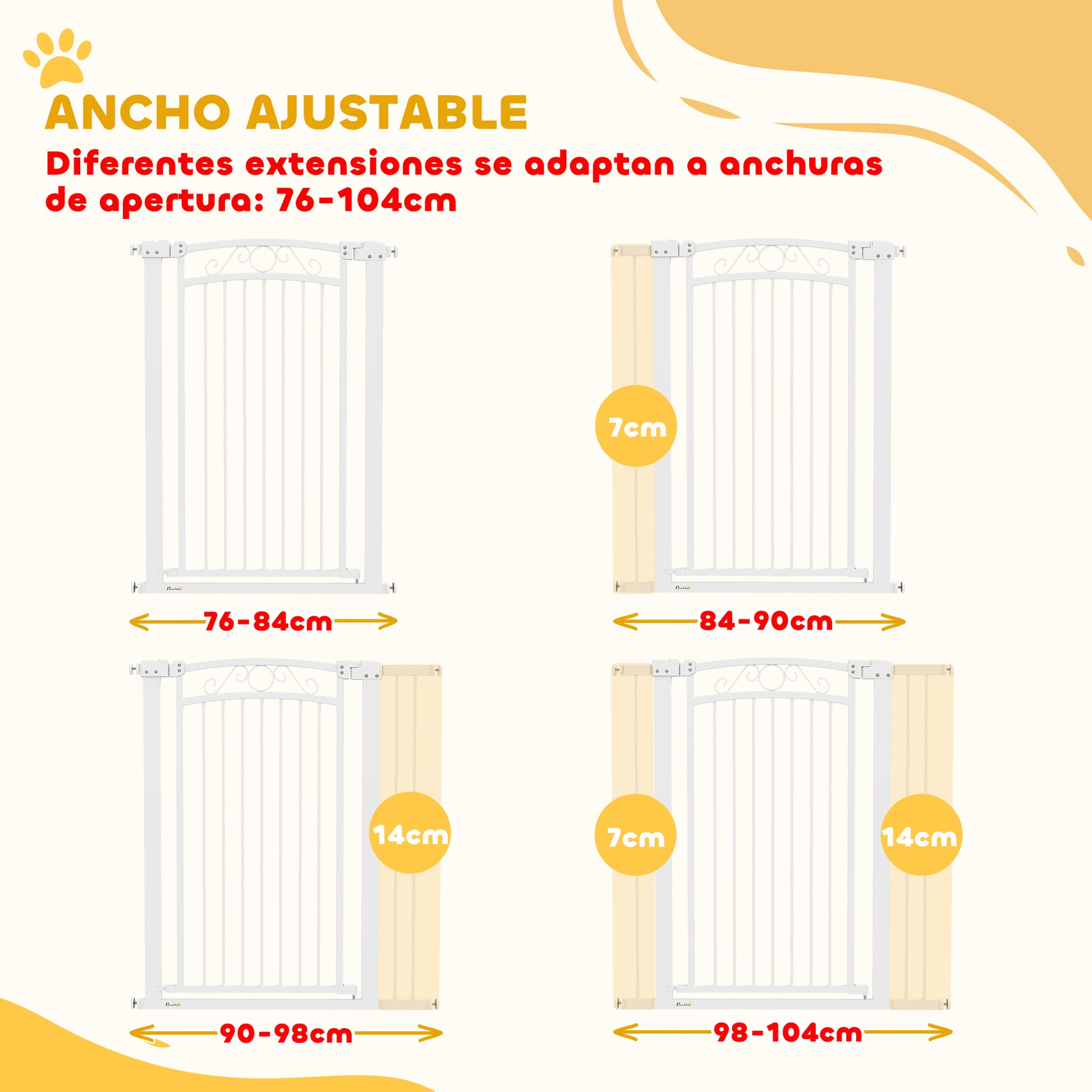 Dog Gate Pet Door 76-104 cm Safety Gate for Dogs with 2 Extensions 7/14 cm and Double Lock for Stairs and Doors White