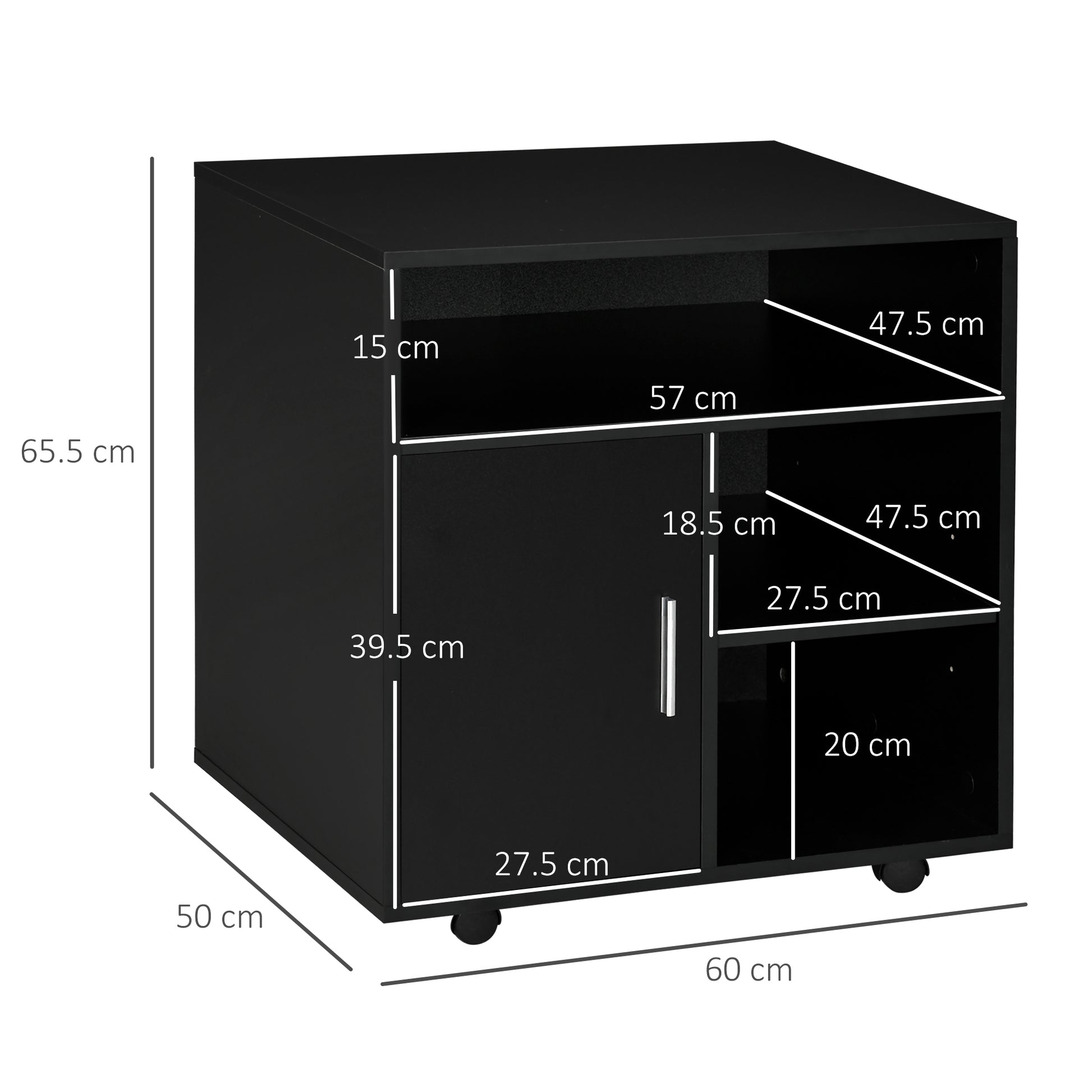 Printer Stand Organizer Office Cabinet with 3 Shelves + Large Top Shelf Particle Boards Black