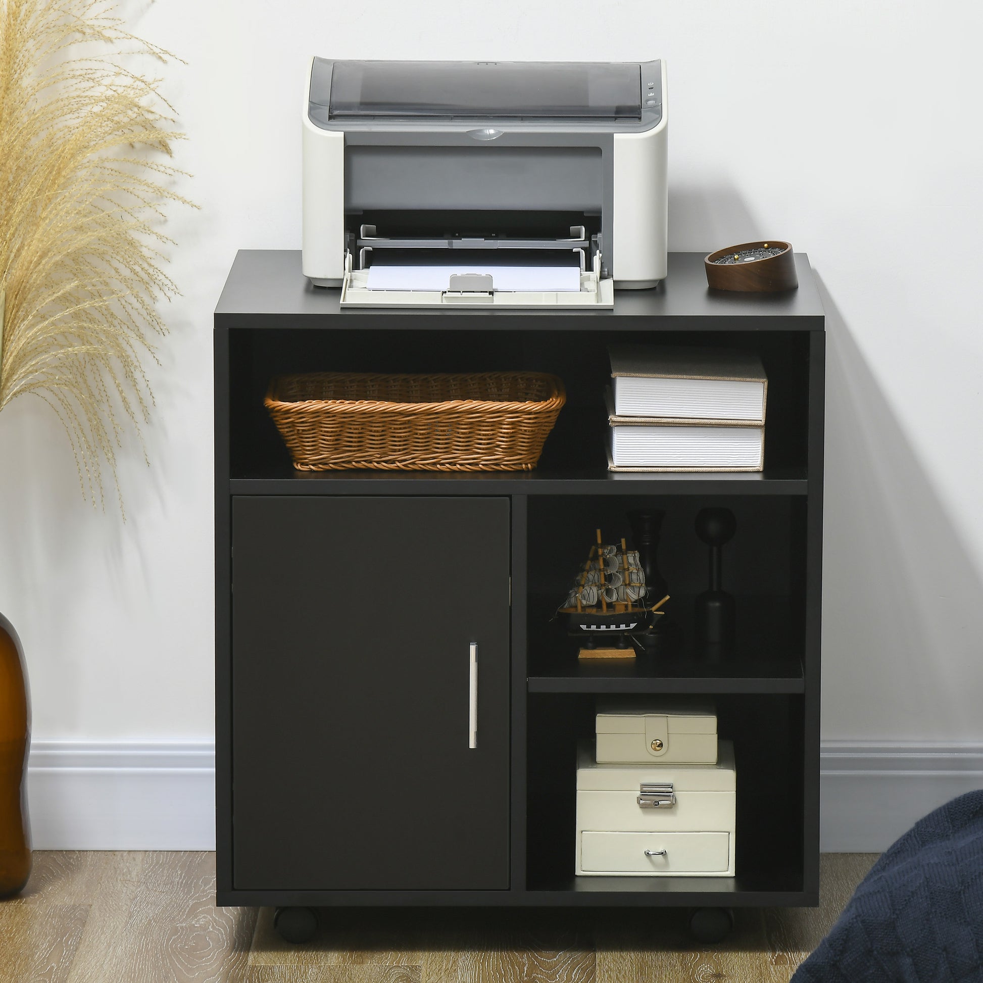 Printer Stand Organizer Office Cabinet with 3 Shelves + Large Top Shelf Particle Boards Black