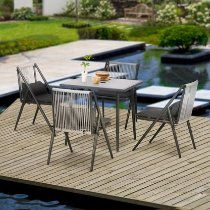 Outdoor Aluminum Garden Set 4 Chairs and 1 Table 5-Piece Garden Set with Cushions Tempered Glass Top Decorative Dark Grey Rope Backrest