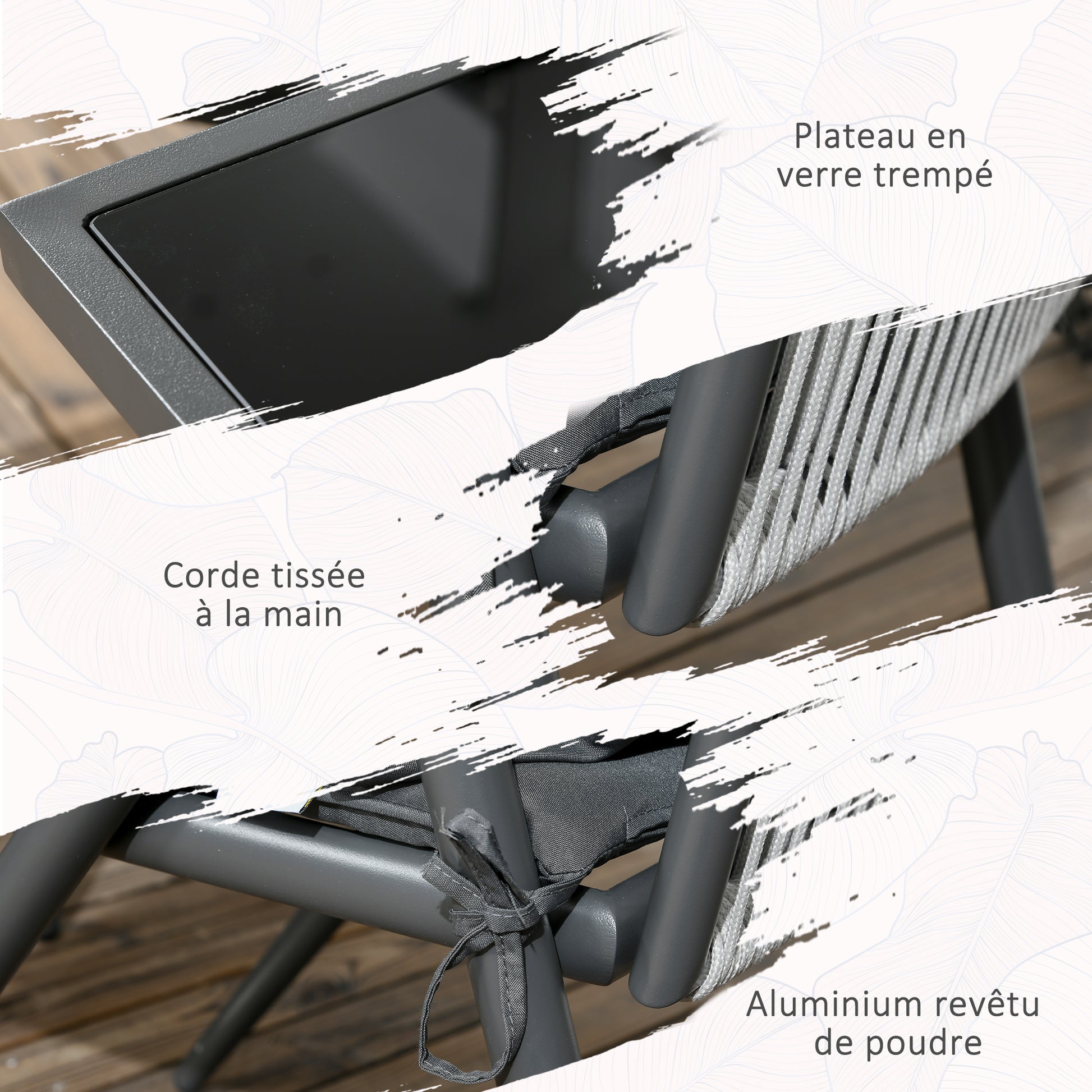 Outdoor Aluminum Garden Set 4 Chairs and 1 Table 5-Piece Garden Set with Cushions Tempered Glass Top Decorative Dark Grey Rope Backrest