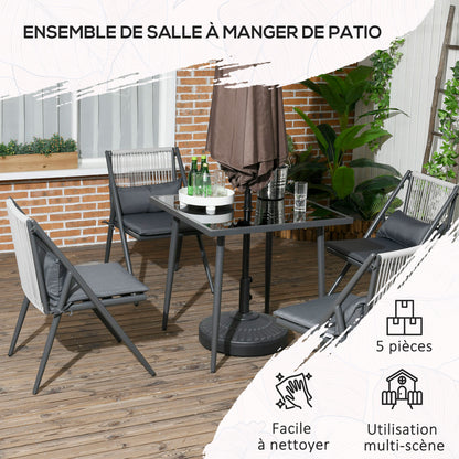 Outdoor Aluminum Garden Set 4 Chairs and 1 Table 5-Piece Garden Set with Cushions Tempered Glass Top Decorative Dark Grey Rope Backrest