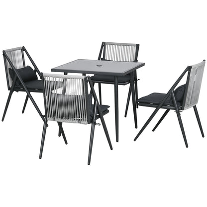 Outdoor Aluminum Garden Set 4 Chairs and 1 Table 5-Piece Garden Set with Cushions Tempered Glass Top Decorative Dark Grey Rope Backrest