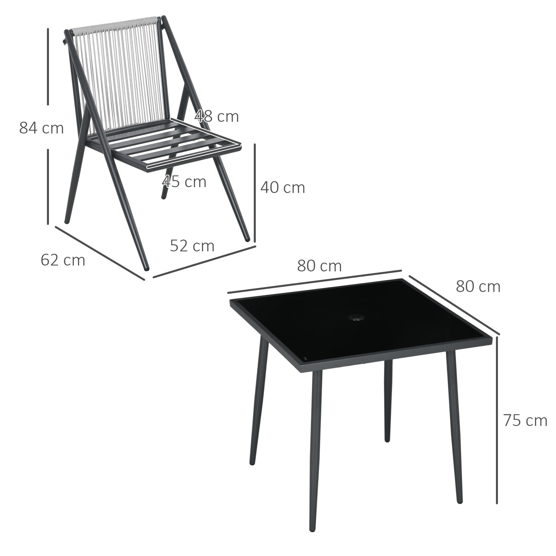 Outdoor Aluminum Garden Set 4 Chairs and 1 Table 5-Piece Garden Set with Cushions Tempered Glass Top Decorative Dark Grey Rope Backrest