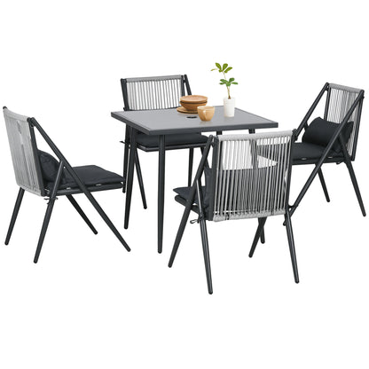 Outdoor Aluminum Garden Set 4 Chairs and 1 Table 5-Piece Garden Set with Cushions Tempered Glass Top Decorative Dark Grey Rope Backrest
