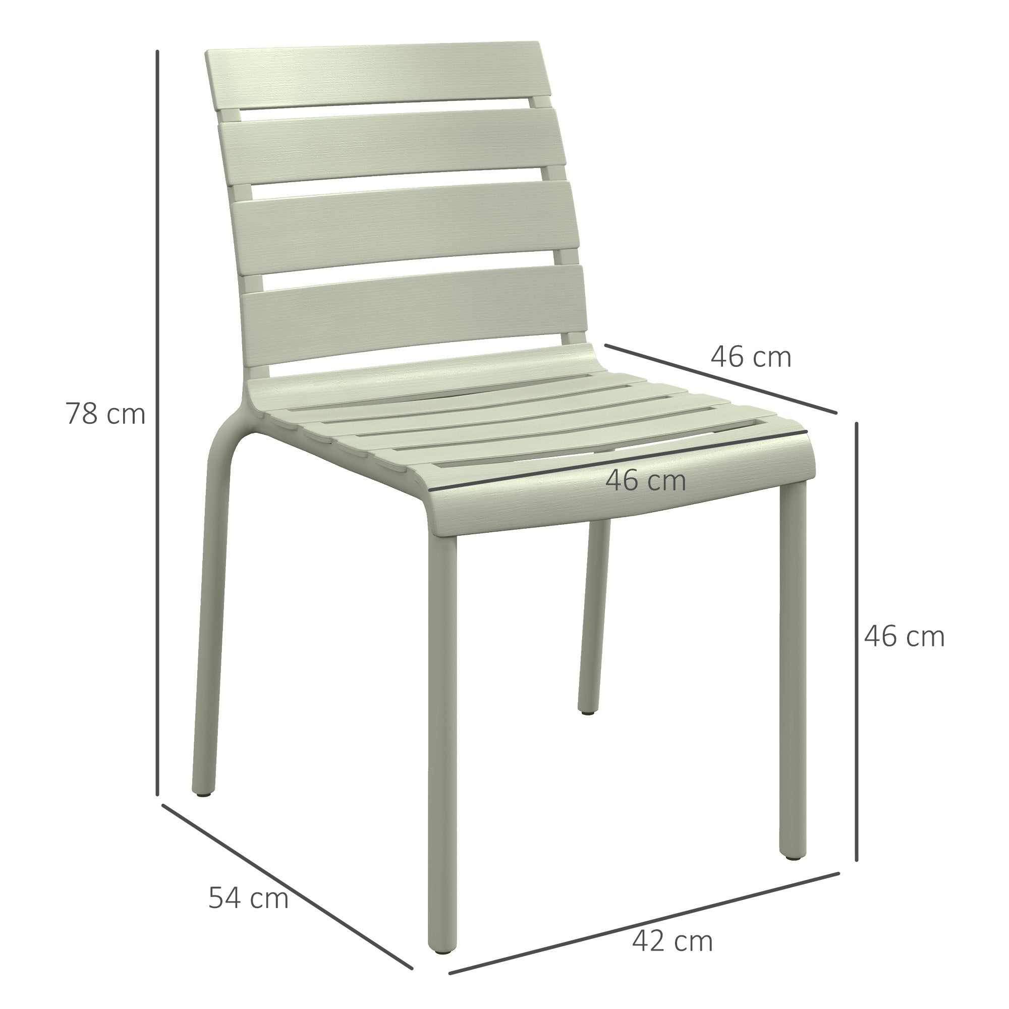Set of 4 stackable bistro garden chairs with slatted seat and backrest dim. 42L x 54W x 78H cm green