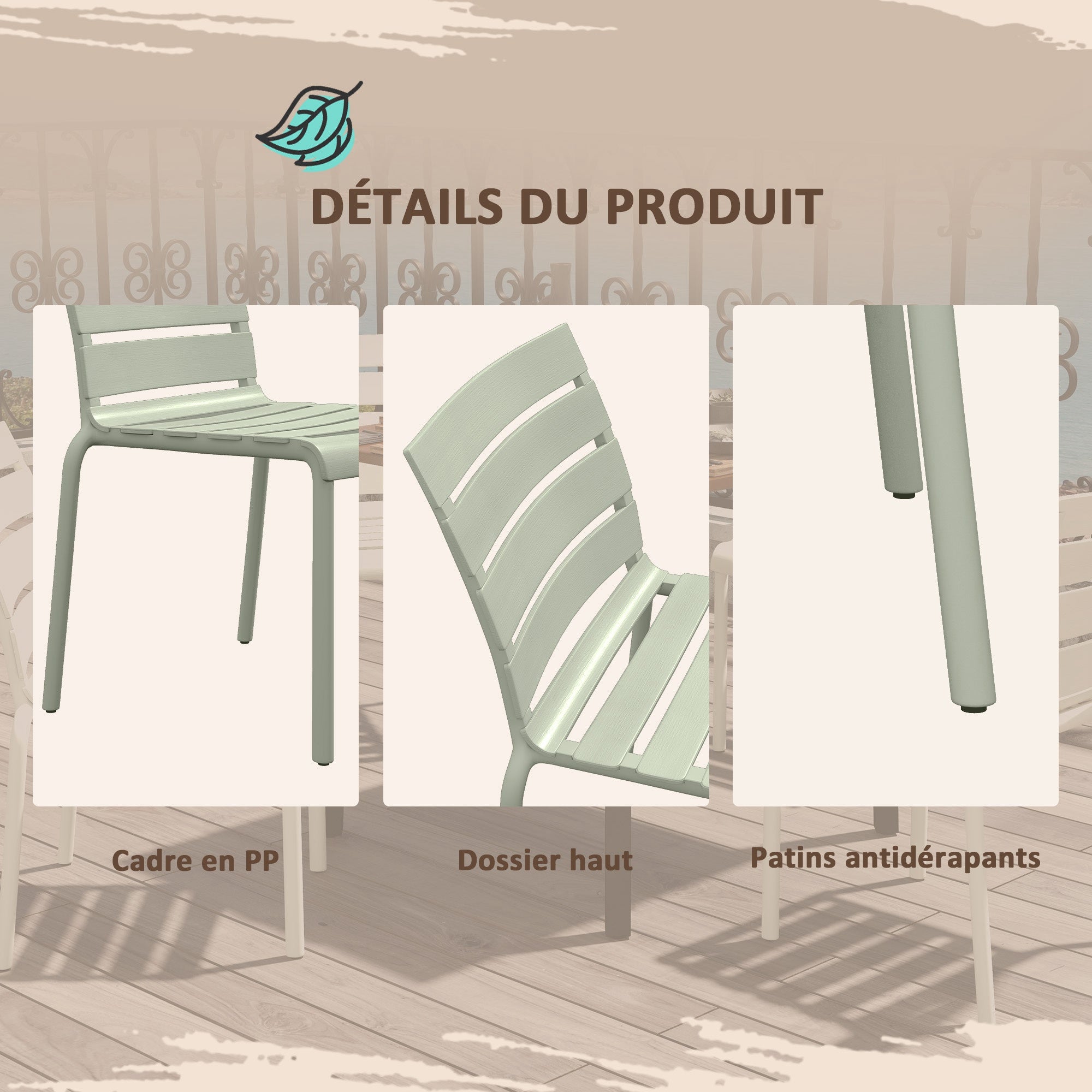 Set of 4 stackable bistro garden chairs with slatted seat and backrest dim. 42L x 54W x 78H cm green