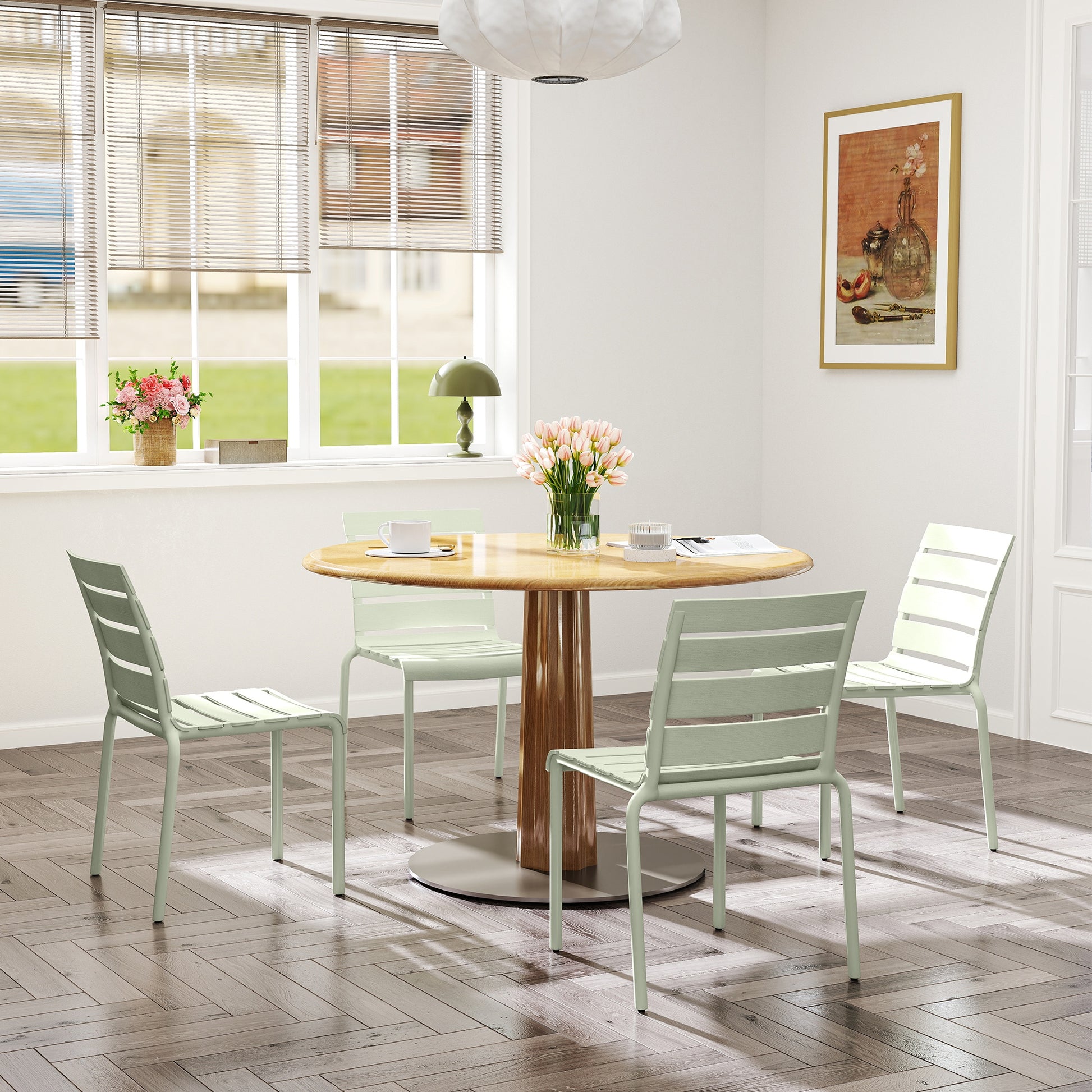 Set of 4 stackable bistro garden chairs with slatted seat and backrest dim. 42L x 54W x 78H cm green