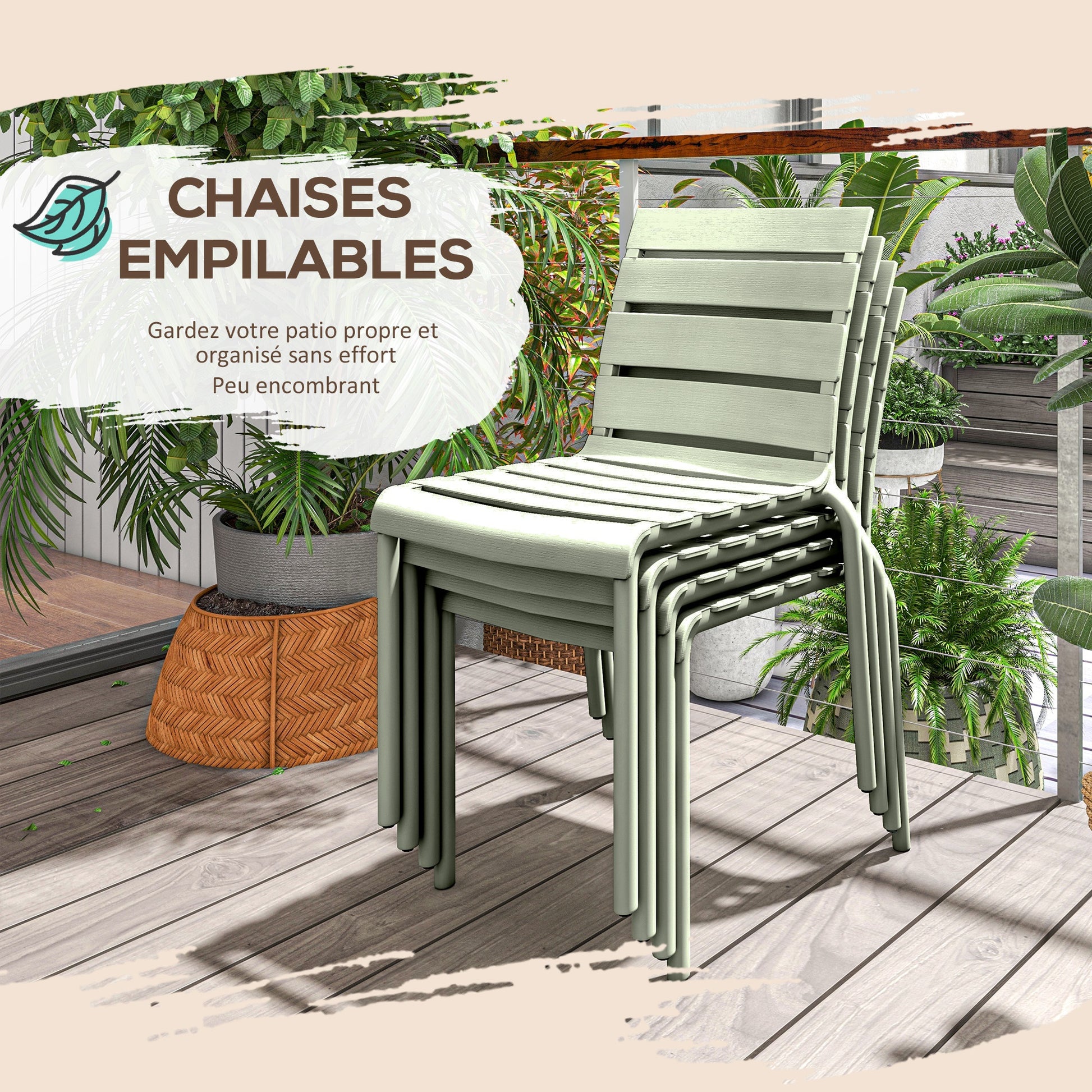 Set of 4 stackable bistro garden chairs with slatted seat and backrest dim. 42L x 54W x 78H cm green