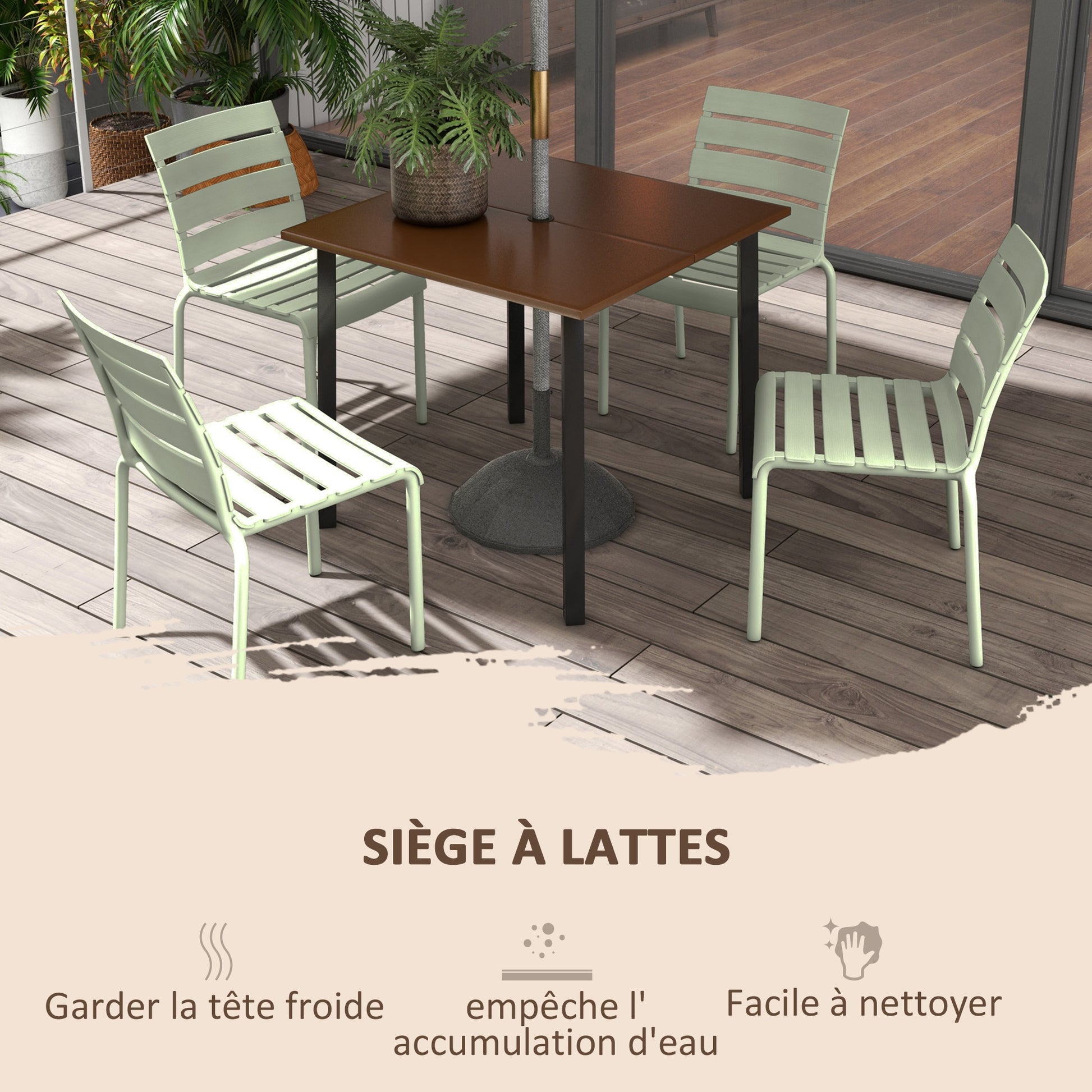 Set of 4 stackable bistro garden chairs with slatted seat and backrest dim. 42L x 54W x 78H cm green