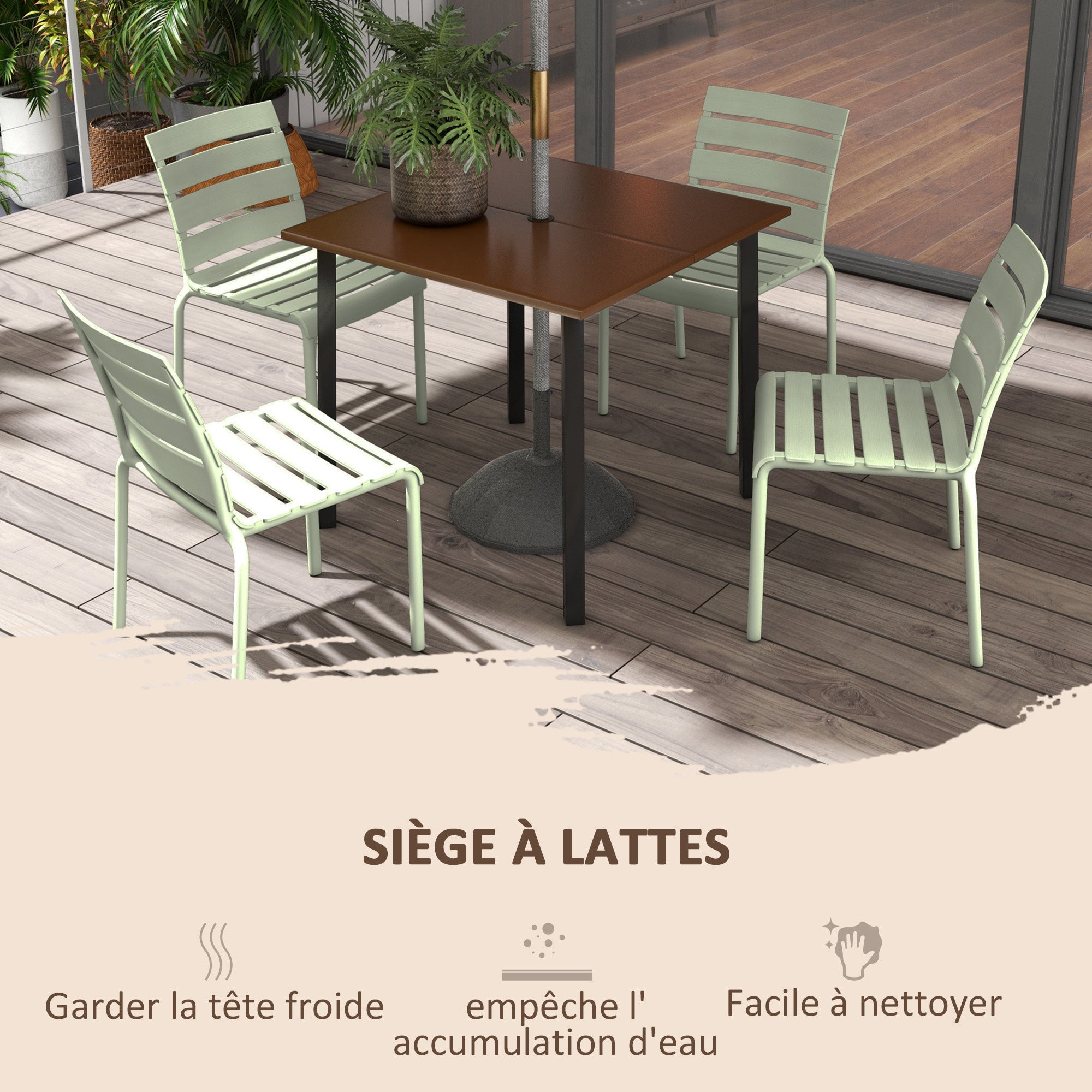 Set of 4 stackable bistro garden chairs with slatted seat and backrest dim. 42L x 54W x 78H cm green
