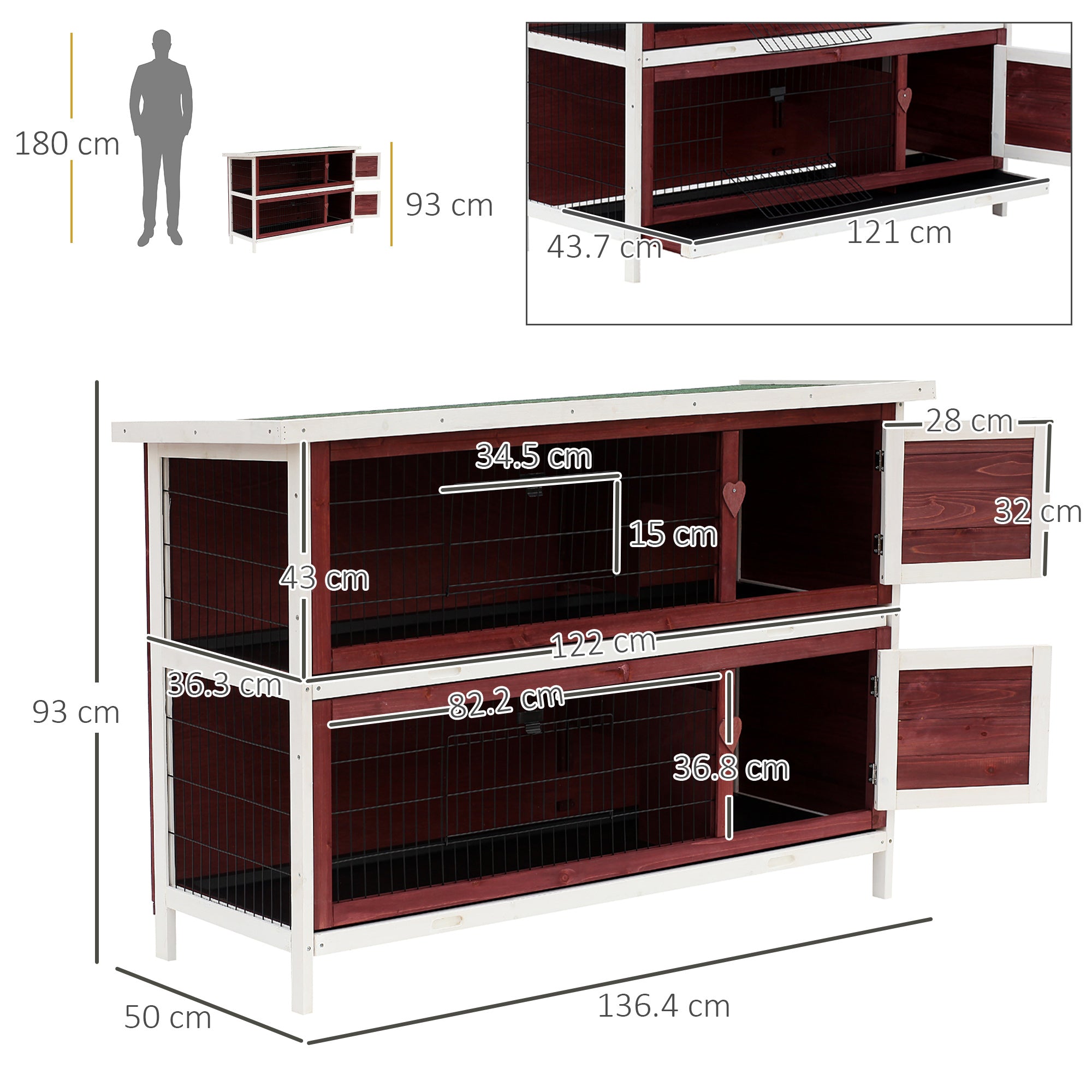 Outdoor Rabbit Hutch, Guinea Pig and Rodent Hutch 136.4x50x93cm Waterproof Brown