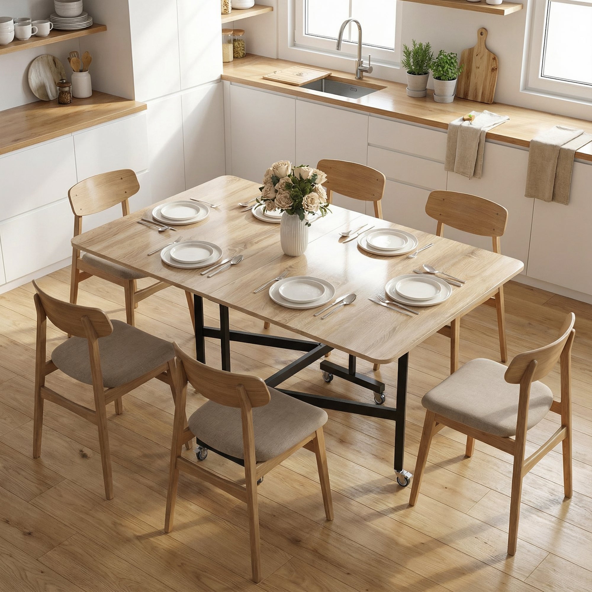 Folding Dining Table for 4–6 with Wheels, Steel Legs, Mobile Foldable Table for Small Spaces, Kitchen & Dining, 120 x 80 x 73 cm, Oak