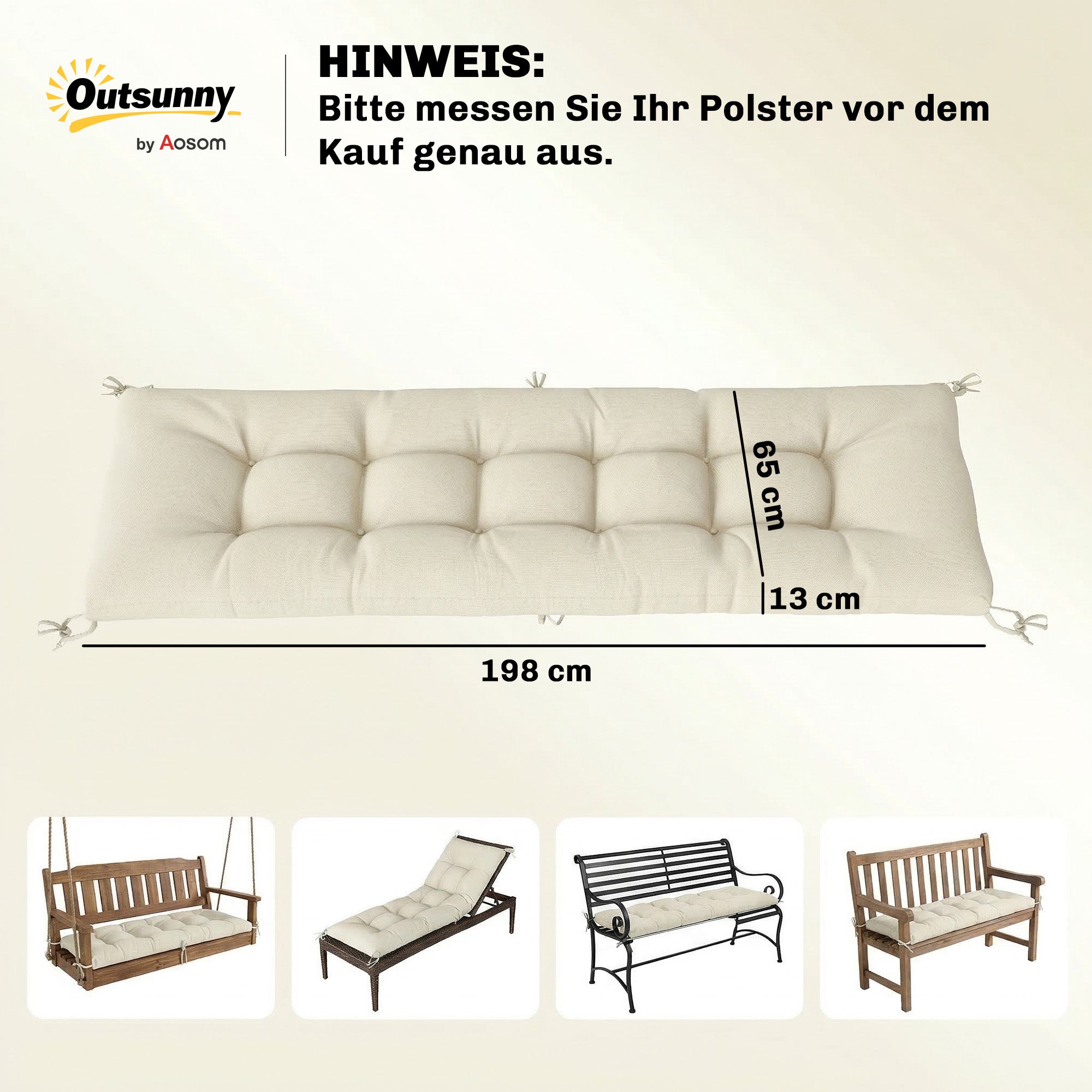 Removable Pallet Seat Cushion with Straps for Most Loungers, 78 x 25.6 x 5.1 in (198 x 65 x 13 cm), Beige