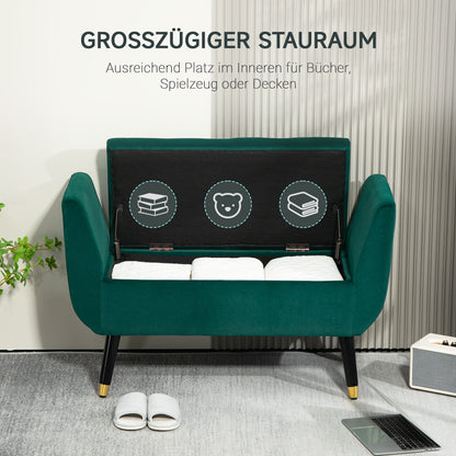 Storage Bench with Armrests Velvet Upholstered Bench with Wooden Legs, Storage Chest for Living Room Bedroom Hallway 107 x 42 x 65 cm, Green