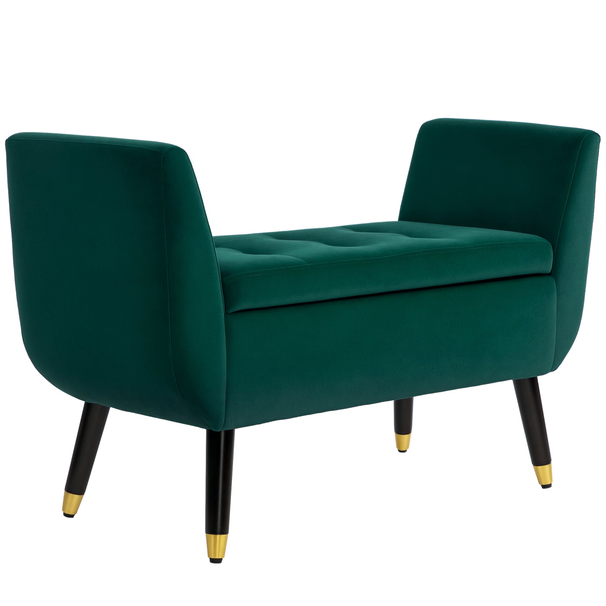 Storage Bench with Armrests Velvet Upholstered Bench with Wooden Legs, Storage Chest for Living Room Bedroom Hallway 107 x 42 x 65 cm, Green