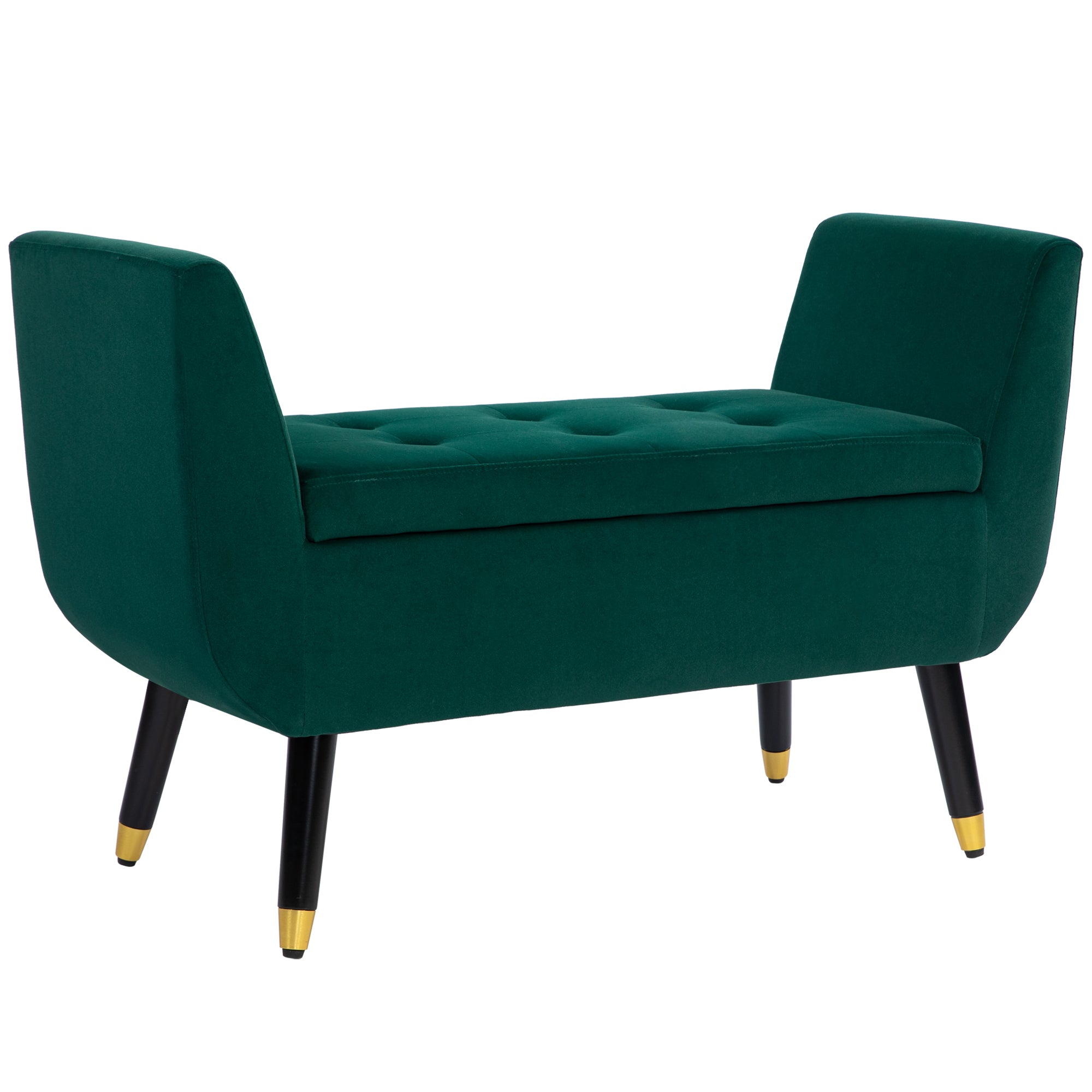 Storage Bench with Armrests Velvet Upholstered Bench with Wooden Legs, Storage Chest for Living Room Bedroom Hallway 107 x 42 x 65 cm, Green